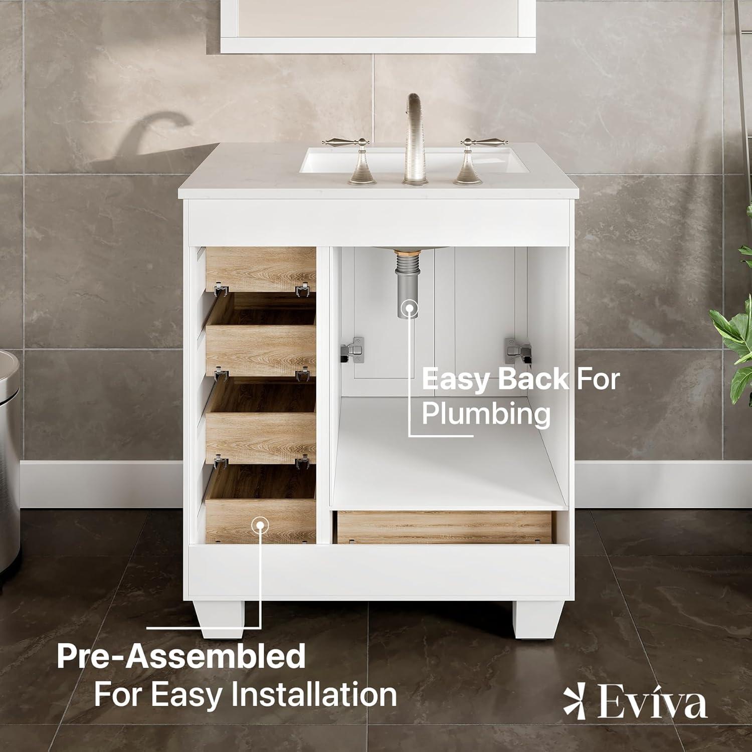 Eviva Happy 28"W x 18"D White Bathroom Vanity with White Carrara Quartz Vanity Top and Rectangular Undermount Sink