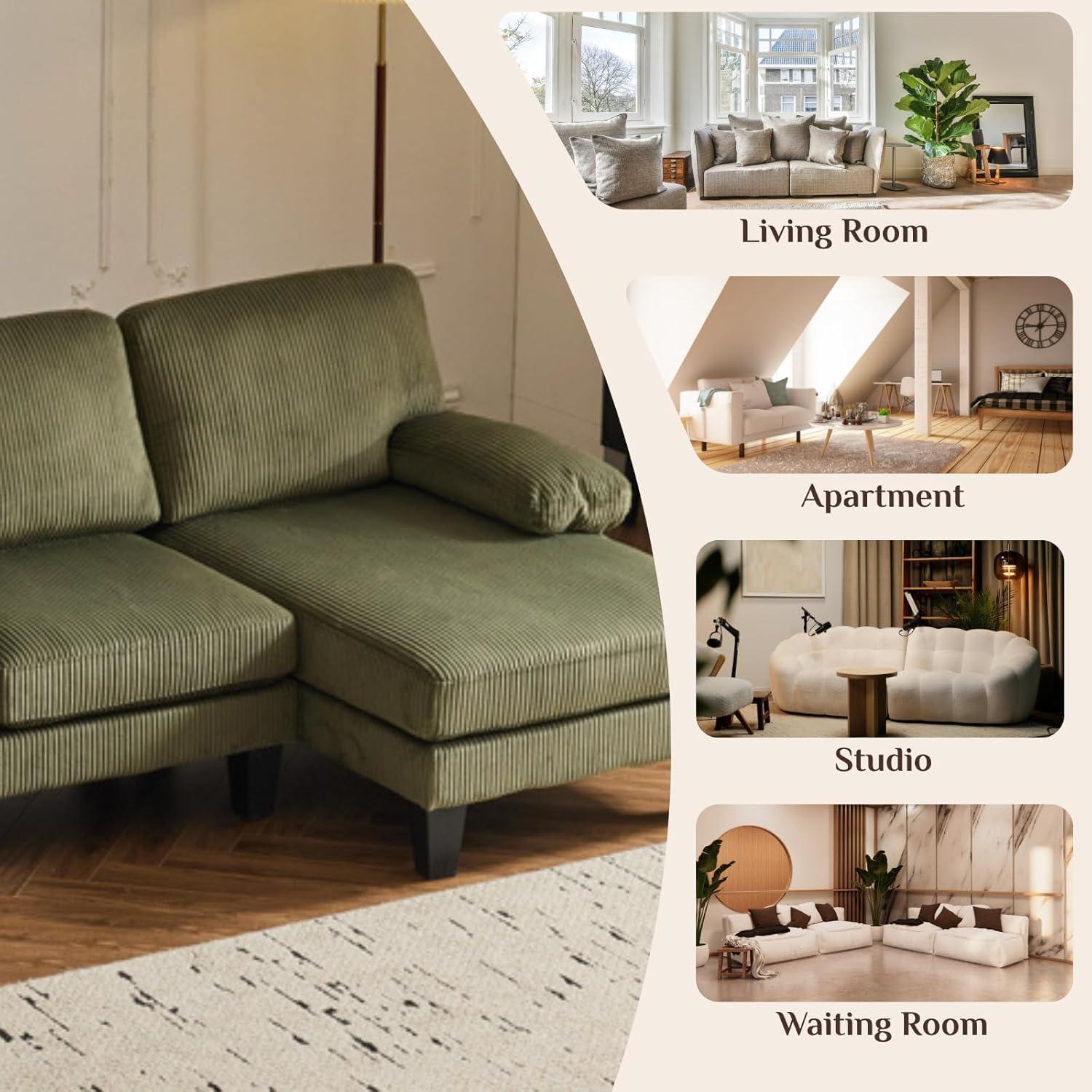 Ktaxon U-Shaped Sectional Sofa, 111"  Corduroy Couch, 4 Seat Lounge Sleeper with Double Chaise for Living Room Green