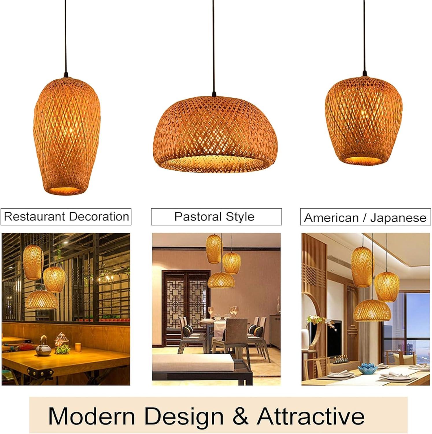 GCQ Bamboo Light Fixtures, 3 Headlights E26 E27 Retro Rustic Bamboo Wicker Rattan Chandelier Ceiling Hanging Light for Living Room Bedroom Farmhouse Restaurant Cafe Teahouse Bar Dining Room Club