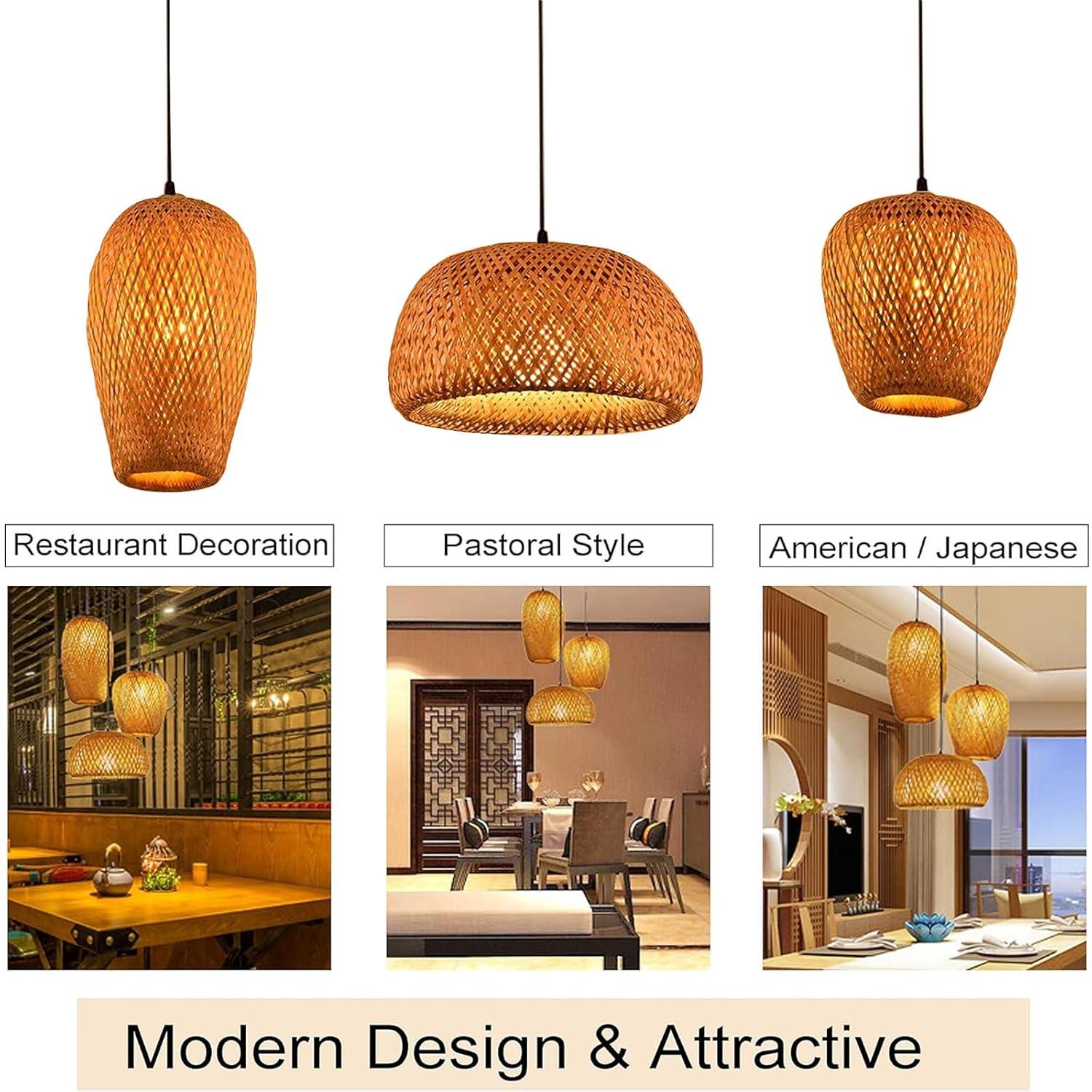 GCQ Bamboo Light Fixtures, 3 Headlights E26 E27 Retro Rustic Bamboo Wicker Rattan Chandelier Ceiling Hanging Light for Living Room Bedroom Farmhouse Restaurant Cafe Teahouse Bar Dining Room Club