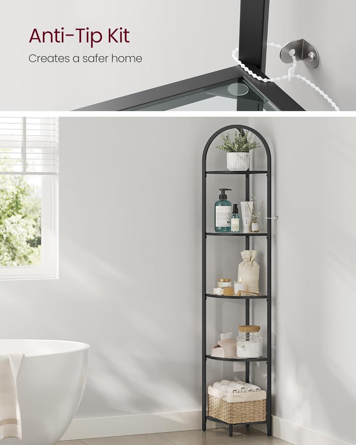 Black 5-Tier Steel and Glass Corner Shelf Stand