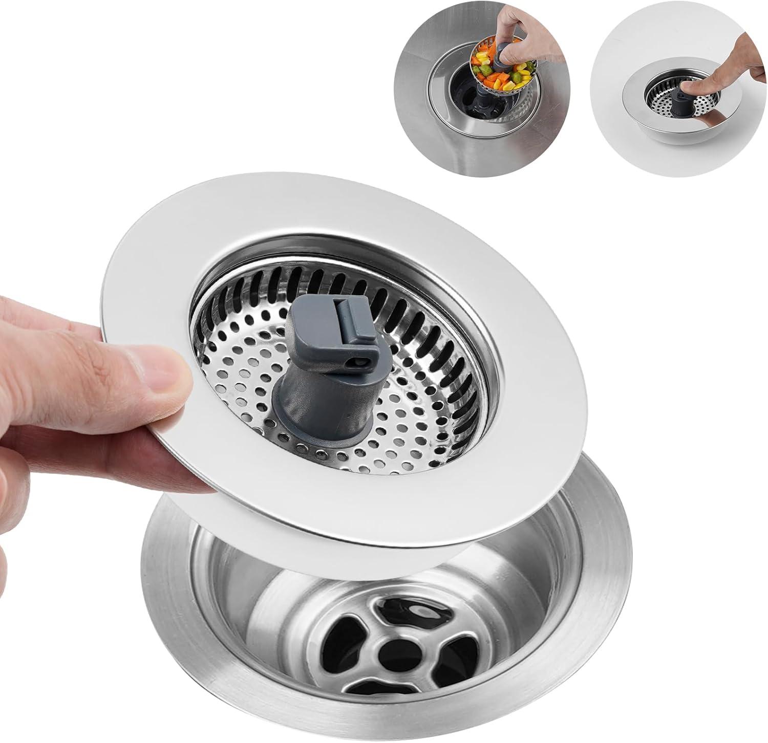 Hibbent 3-in-1 Kitchen Sink Drain Strainer  Stopper , Stainless Steel Pop-Up Design, Anti-Clogging Metal Basket with Handle, Compatible with US Standard 3-1/2" Drain