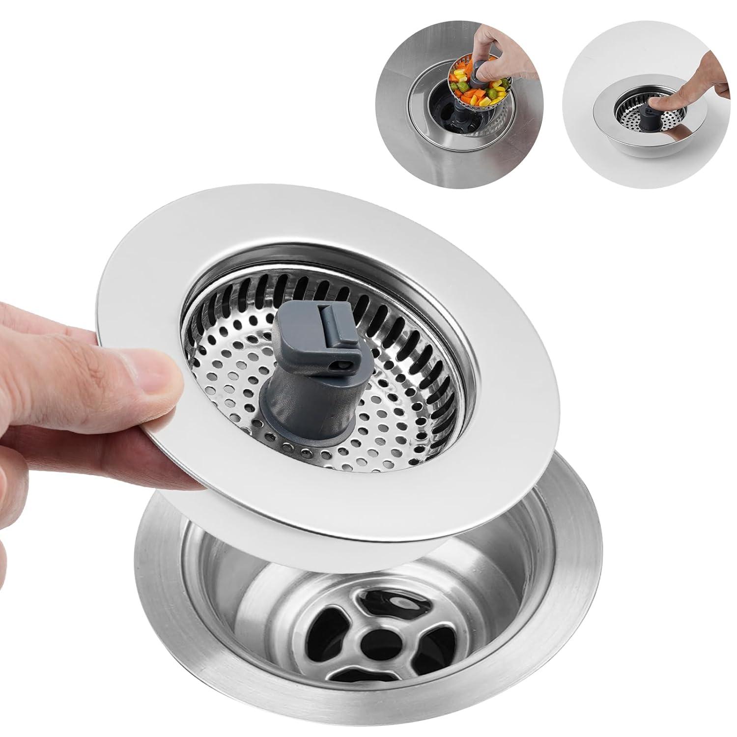 Hibbent 3-in-1 Kitchen Sink Drain Strainer  Stopper , Stainless Steel Pop-Up Design, Anti-Clogging Metal Basket with Handle, Compatible with US Standard 3-1/2" Drain