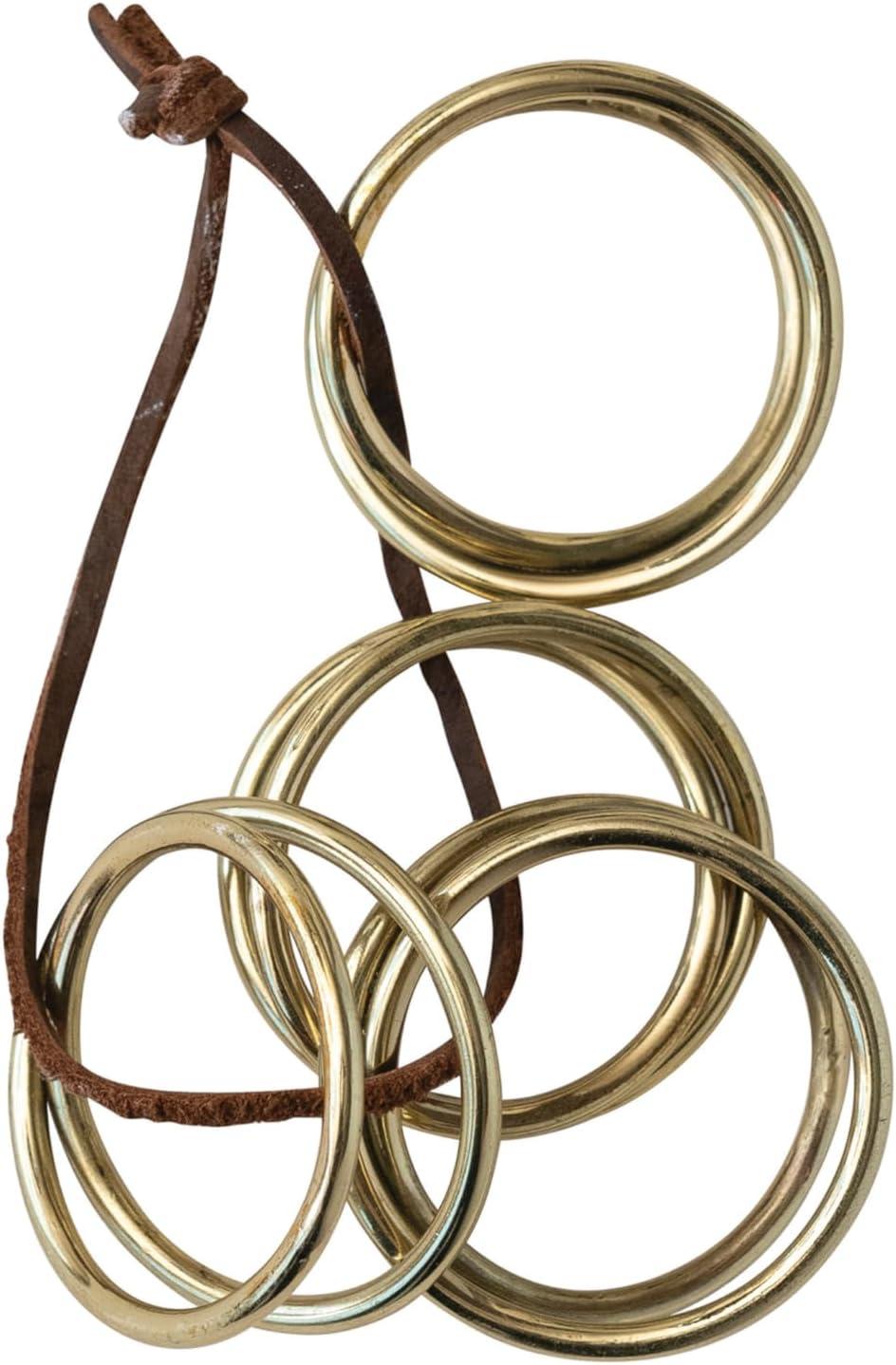 Bloomingville Modern Round Brass Napkin Rings with Leather Tie, Set of 4