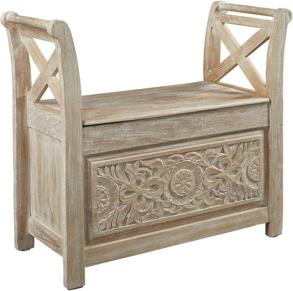 Fossil Ridge Accent Bench Whitewash - Signature Design by Ashley: Modern Storage Ottoman, Entryway Furniture