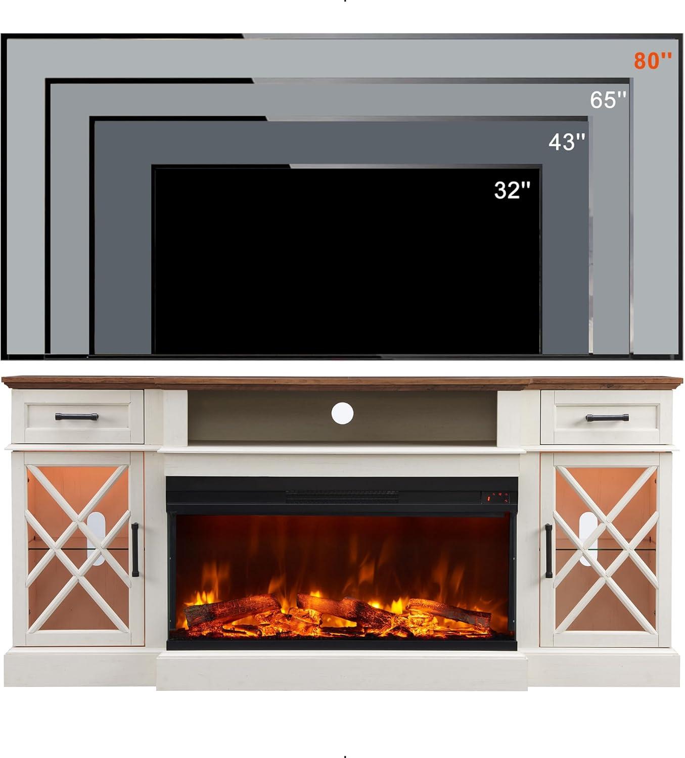 OKD 70" Farmhouse TV Stand w/Electric Fireplace & Glass Door Storage Cabinet, Antique White