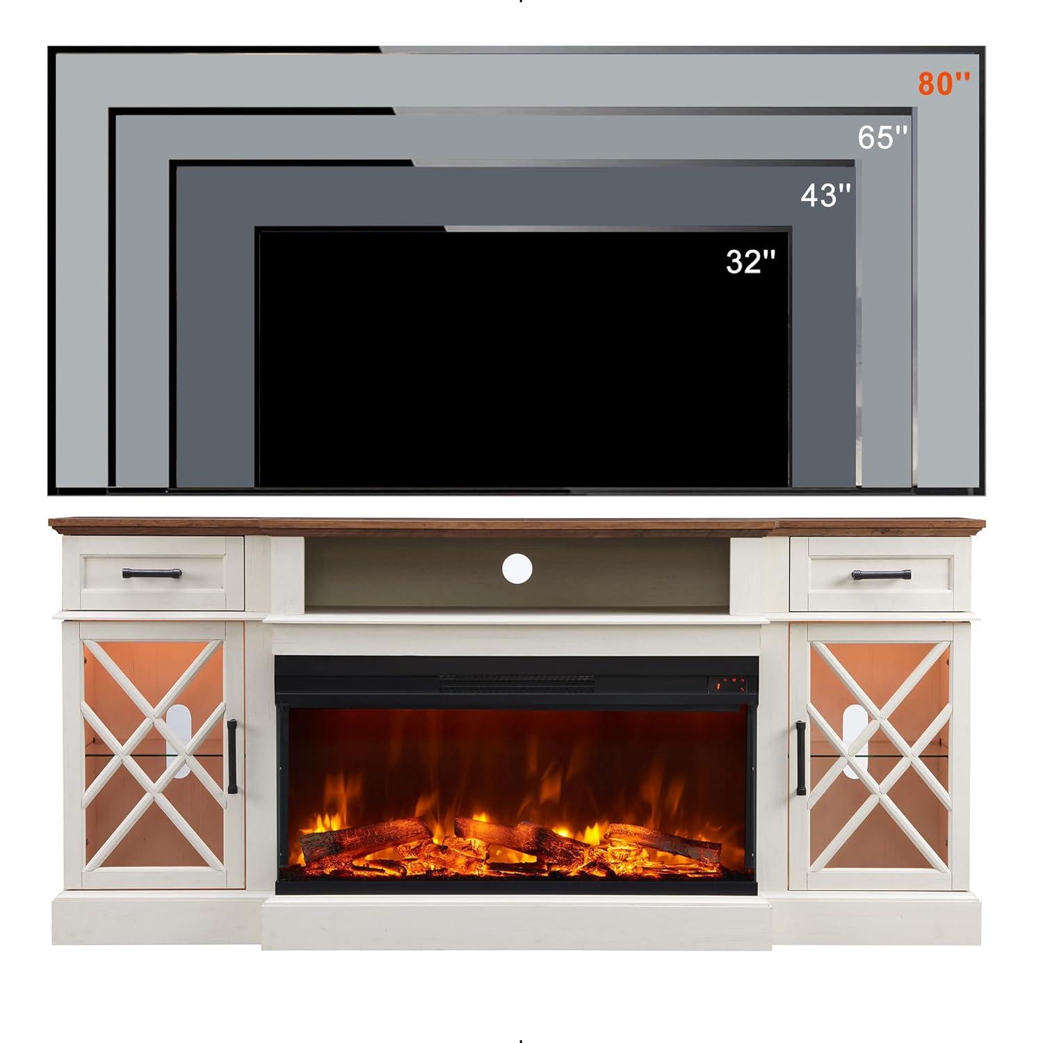 OKD 70" Farmhouse TV Stand w/Electric Fireplace & Glass Door Storage Cabinet, Antique White
