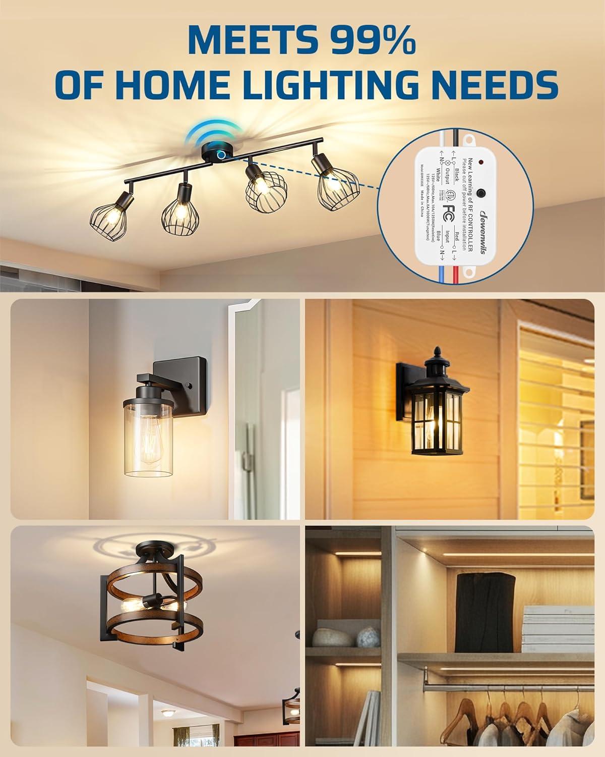 DEWENWILS Wireless Light Switch and Receiver Kit, 10A/1200W, No in-Wall Wiring Required,Remote Control Wall Switch Lighting Fixture for Ceiling Lights, Fans, Lamps,100 Ft RF Range, Programmable