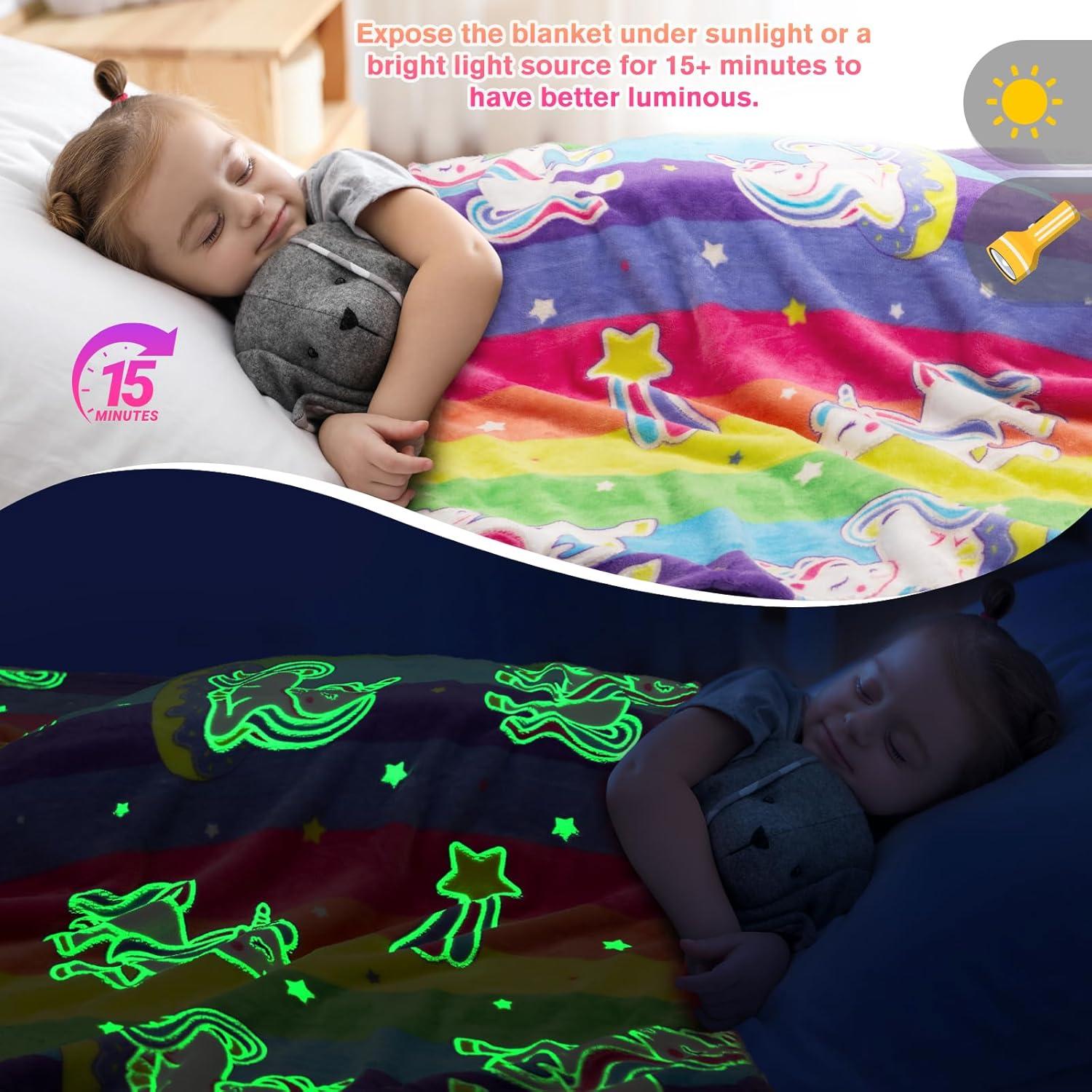 Unicorn Gifts Toys for Girls Kids - Glow in The Dark Rainbow Blanket Best Christmas Birthday Valentines Easter Decor Present for Age 1-14 Years Old Teens Child Toddler Daughter Soft Cozy Throw 50"x60"