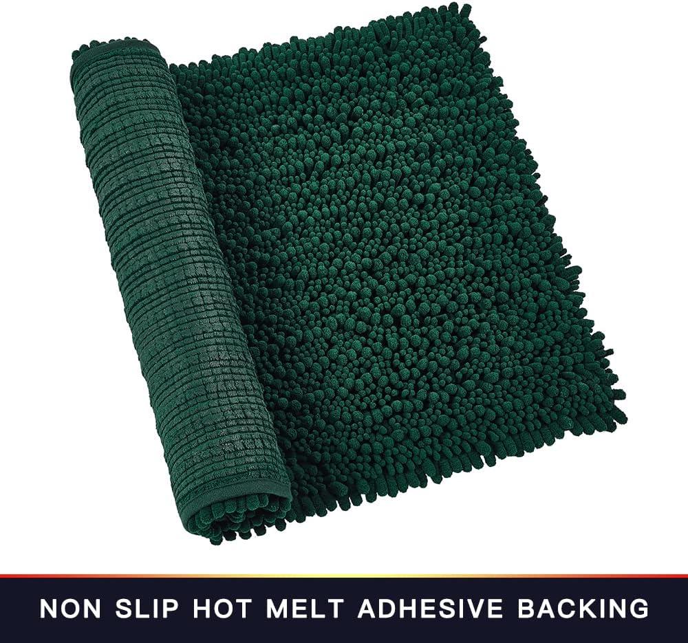 Bathroom Rug Non Slip Bath Mat (24x17 Inch Hunter Green) Water Absorbent Super Soft Shaggy Chenille Machine Washable Dry Extra Thick Perfect Absorbant Best Small Plush Carpet For Shower Floor