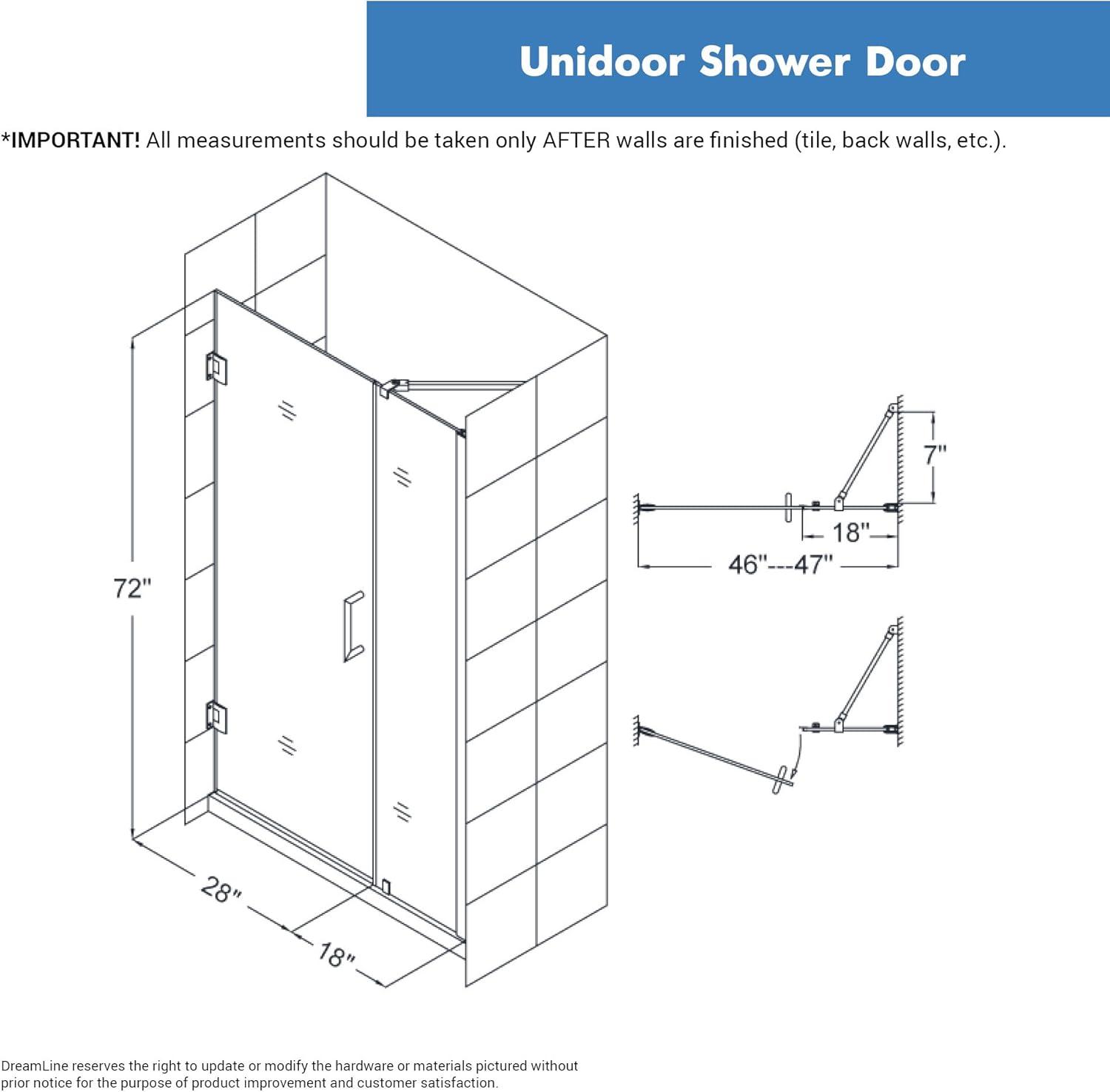 Unidoor 46" W x 72" H Hinged Frameless Shower Door