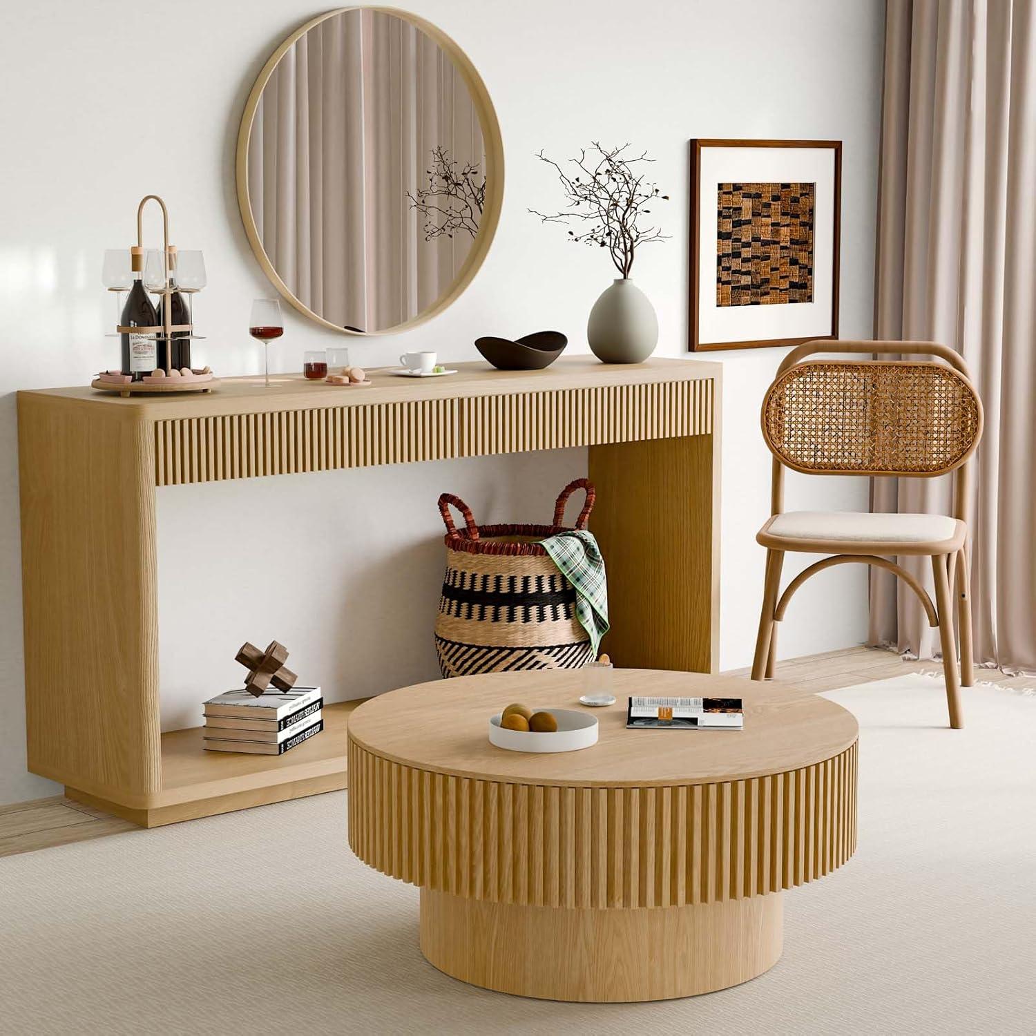 HomVent 31.5'' Round Coffee Table with Storage, Modern Wooden Coffee Table with Solid Wood Veneered, Circle Center Table Accent Tea Table for Living Room, Small Space, Apartment