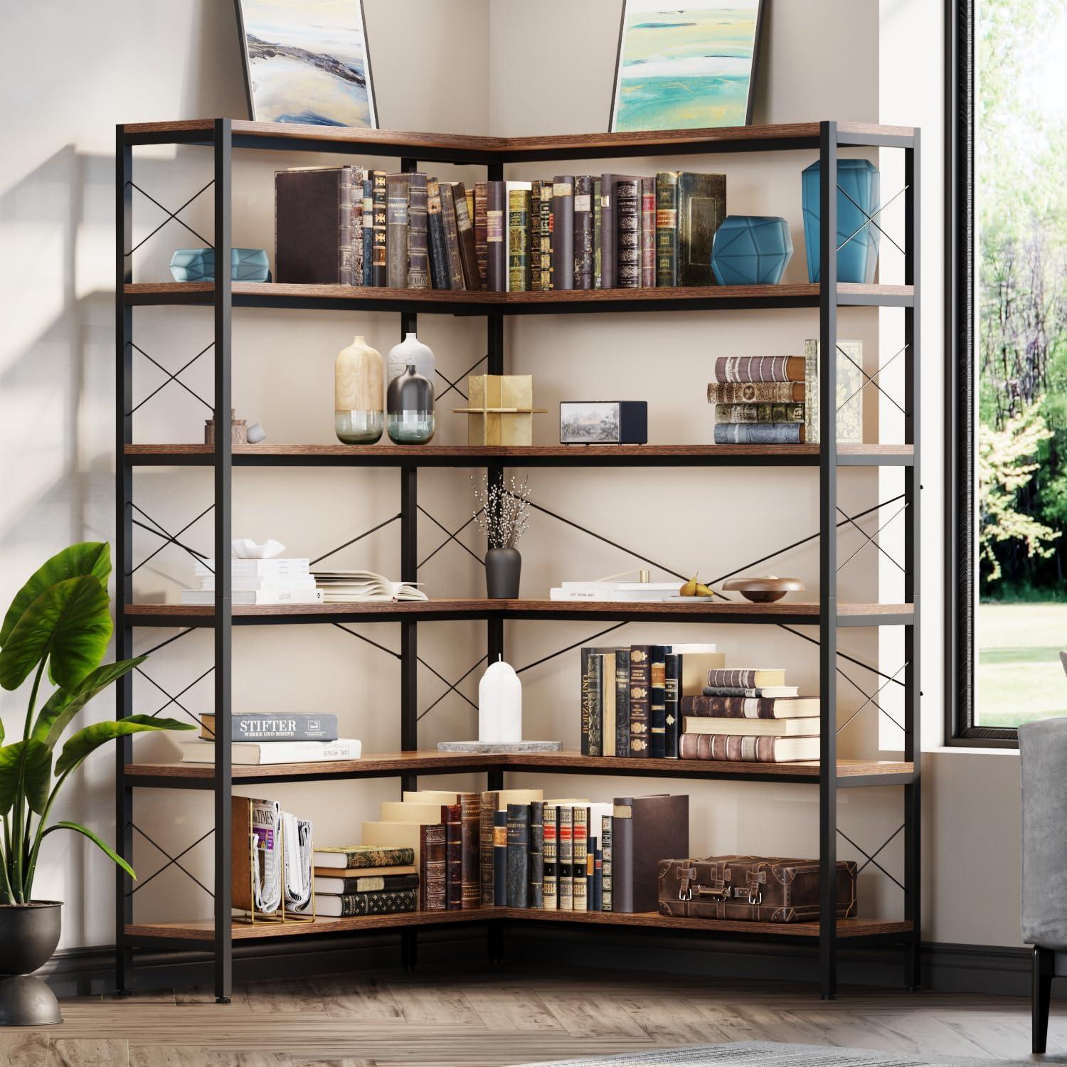 Vintage Industrial Brown 6-Shelf Corner Bookshelf with Metal Frame