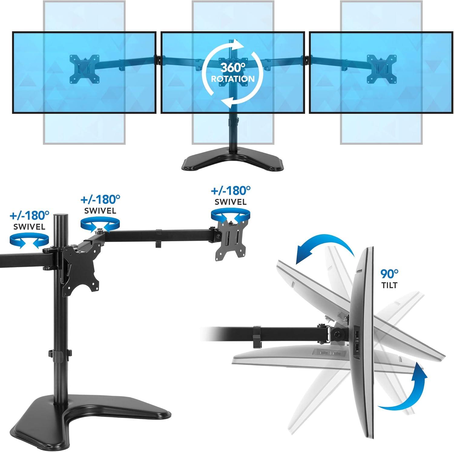 Black Metal Triple Monitor Desk Stand with Adjustable Arms