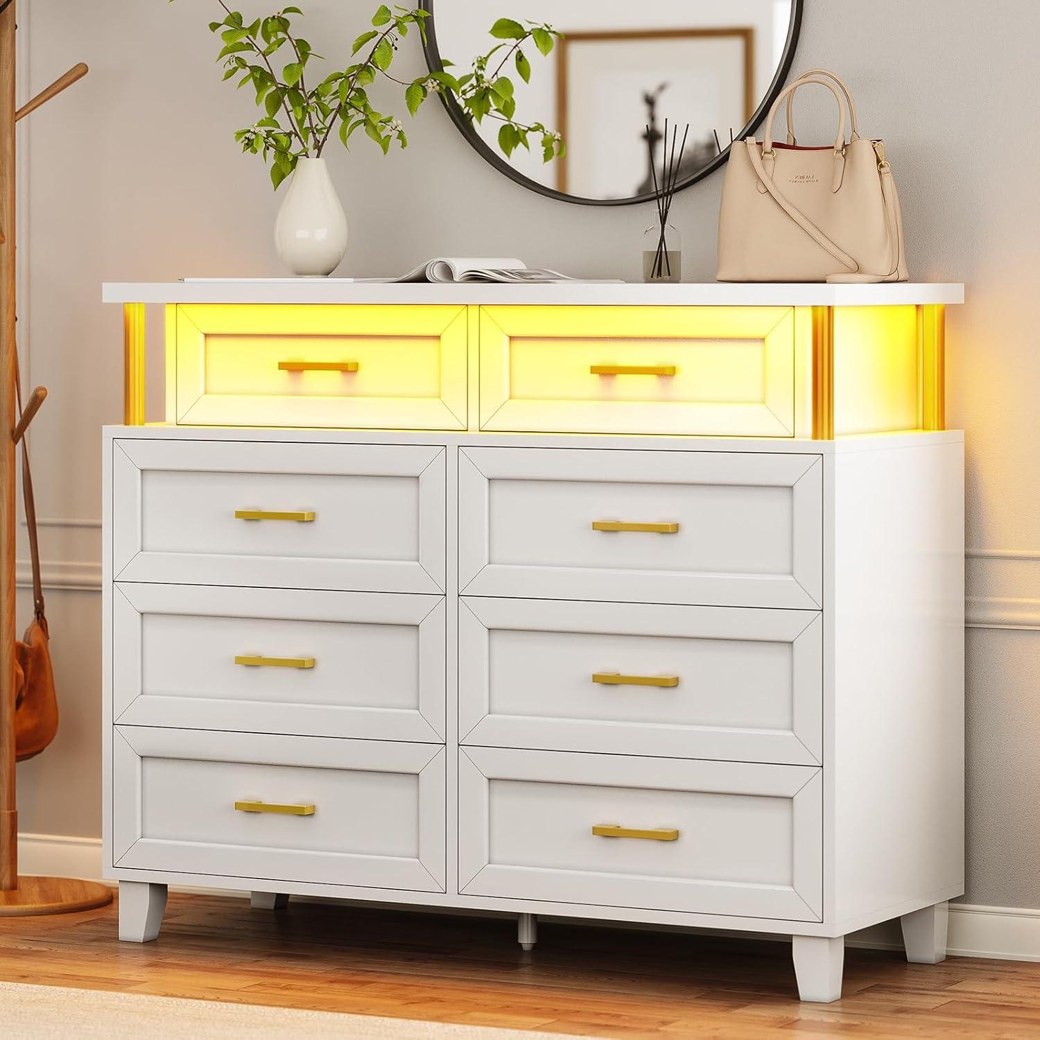 Afuhokles 8 Drawer Dresser for Bedroom, Chest of Drawers with LED Light, Tall Wide Dresser for Storage and Organization, White