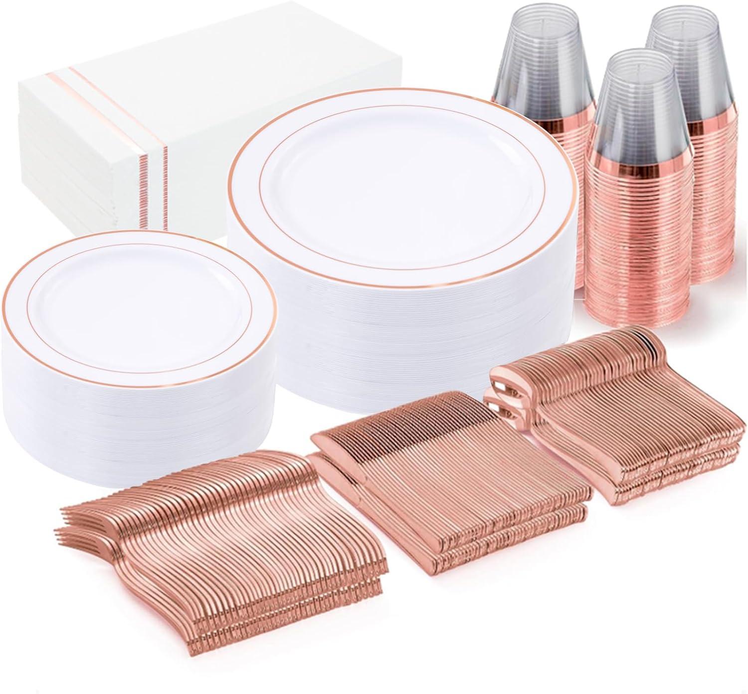 Rose Gold and Clear Plastic Dinnerware Set for 50 Guests