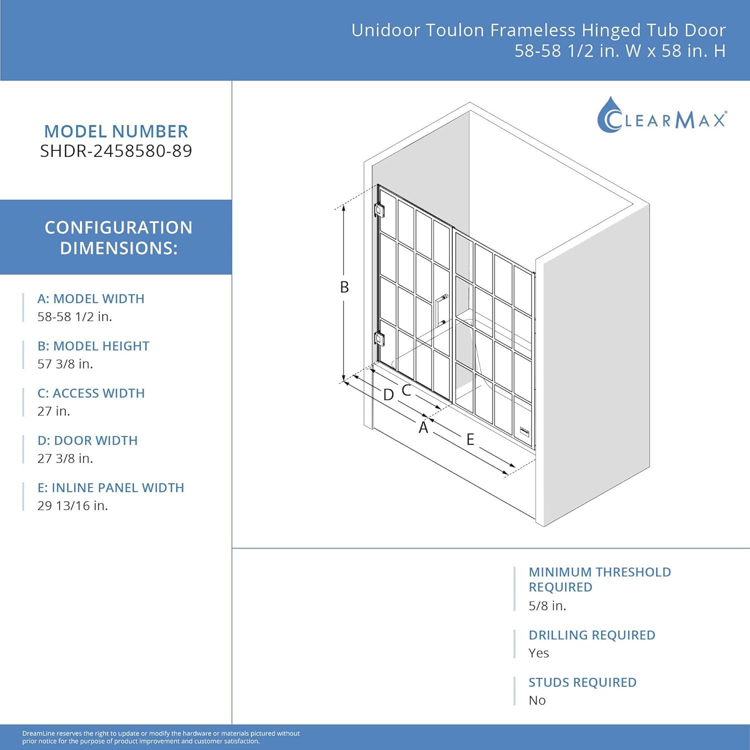 DreamLine Unidoor Toulon 58 in. W x 58 in. H Frameless Hinged Tub Door