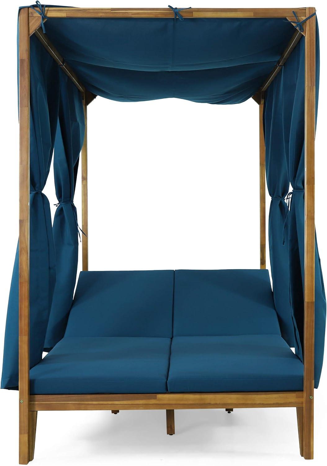 Christopher Knight Home Kinzie Outdoor 2-seat Adjustable Acacia Daybed w/ Curtains by  - 51.25" L x 78.75" W x 78.75" H Teak + Blue