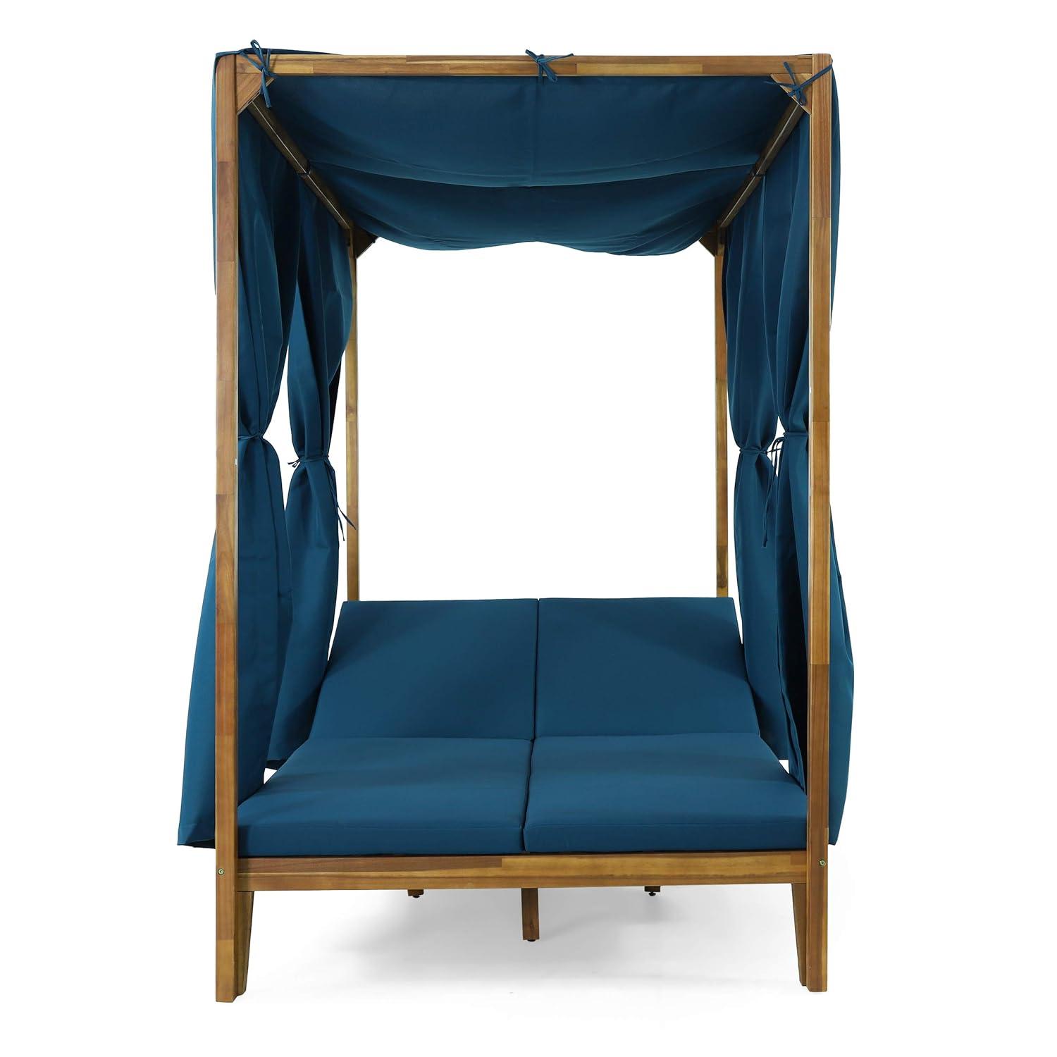 Christopher Knight Home Kinzie Outdoor 2-seat Adjustable Acacia Daybed w/ Curtains by  - 51.25" L x 78.75" W x 78.75" H Teak + Blue