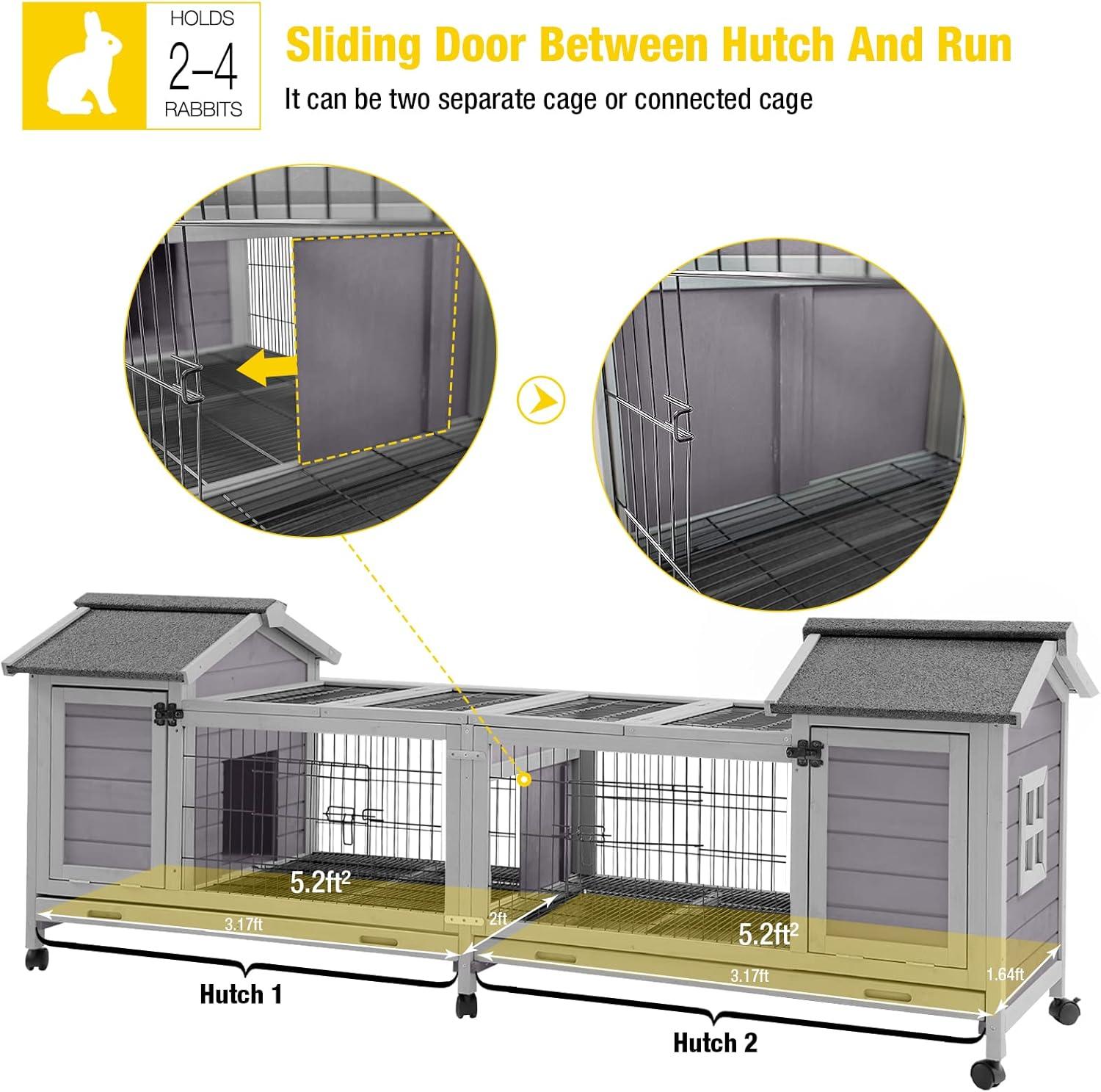 Gray Wooden Indoor/Outdoor Rabbit Hutch with Double House and Run