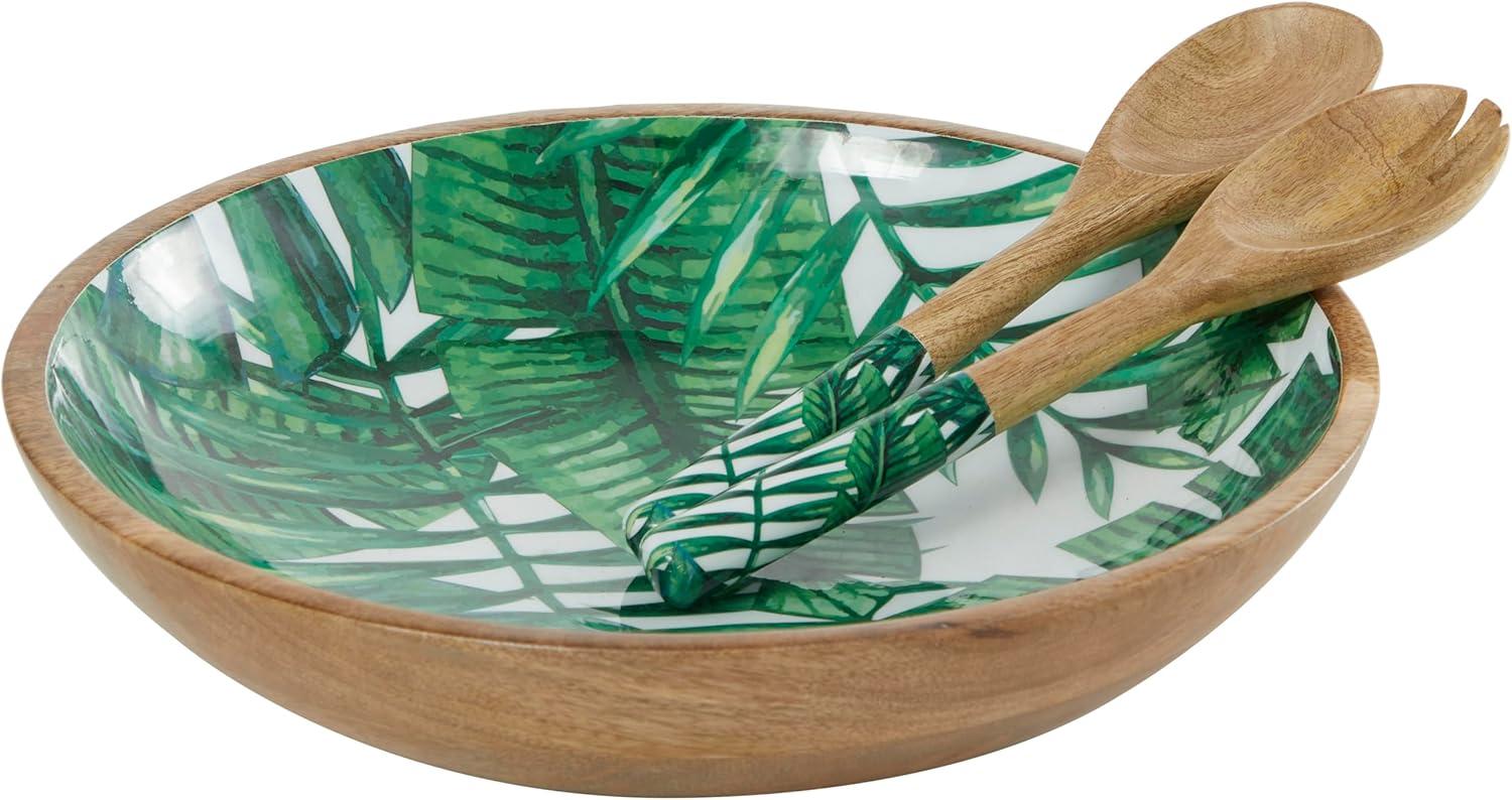 Deco 79 Mango Wood Handmade Decorative Bowl with Matching Salad Serving Utensils, Set of 3 15", 11", 11" W, Green