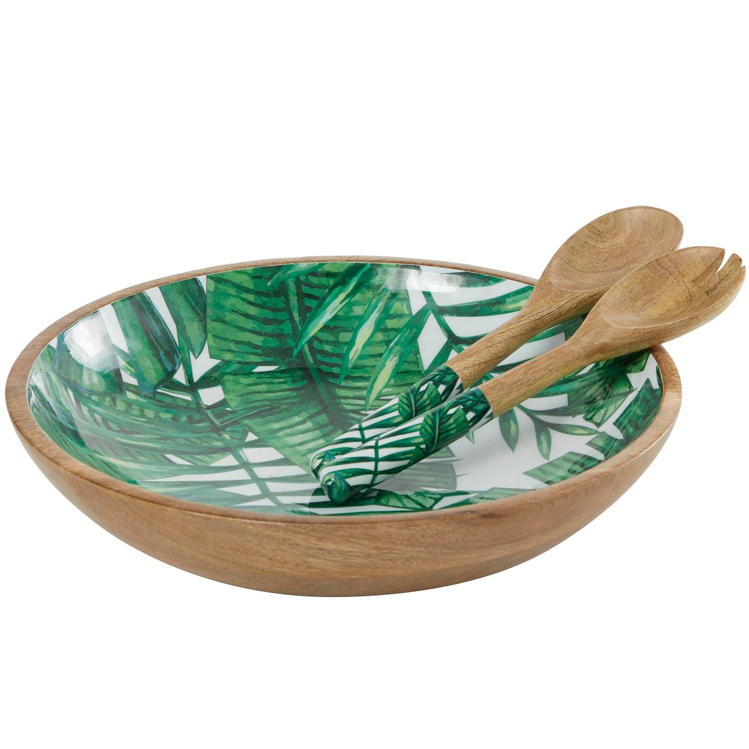 Deco 79 Mango Wood Handmade Decorative Bowl with Matching Salad Serving Utensils, Set of 3 15", 11", 11" W, Green