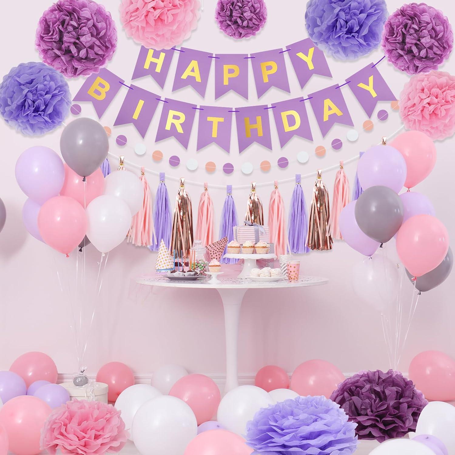 Pink Birthday Party Decorations for Girls, Happy Birthday Banner Balloons Set with Pink White Balloons and Tissue Paper Pompoms for Daughter Womens 1st 2nd 3rd 16th 18 21st 25 30th 50th