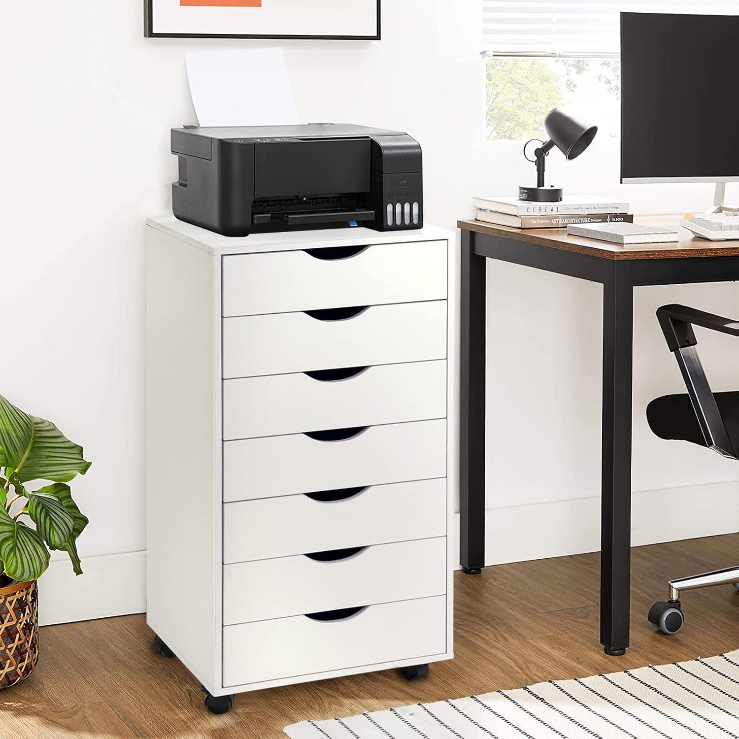 HeSLehs 7-Drawer Organizer, Tall Chest of Drawers with Caster Wheels, Alex Drawers File for Home Office, White