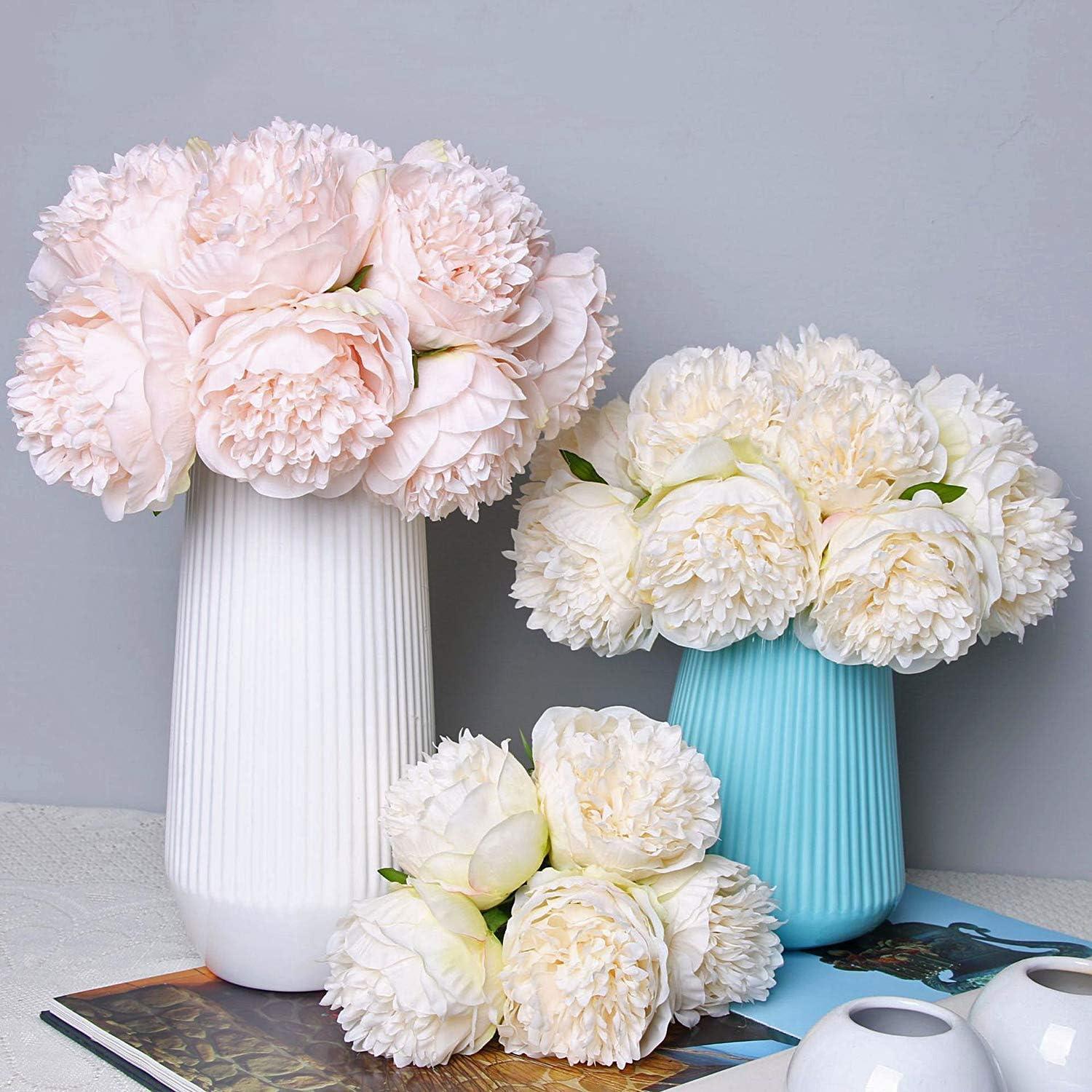 2 Bouquet 10 Heads Artificial Peony Silk Flower Leaf Home Office Wedding Party Festival Bar Decor (Cream White)