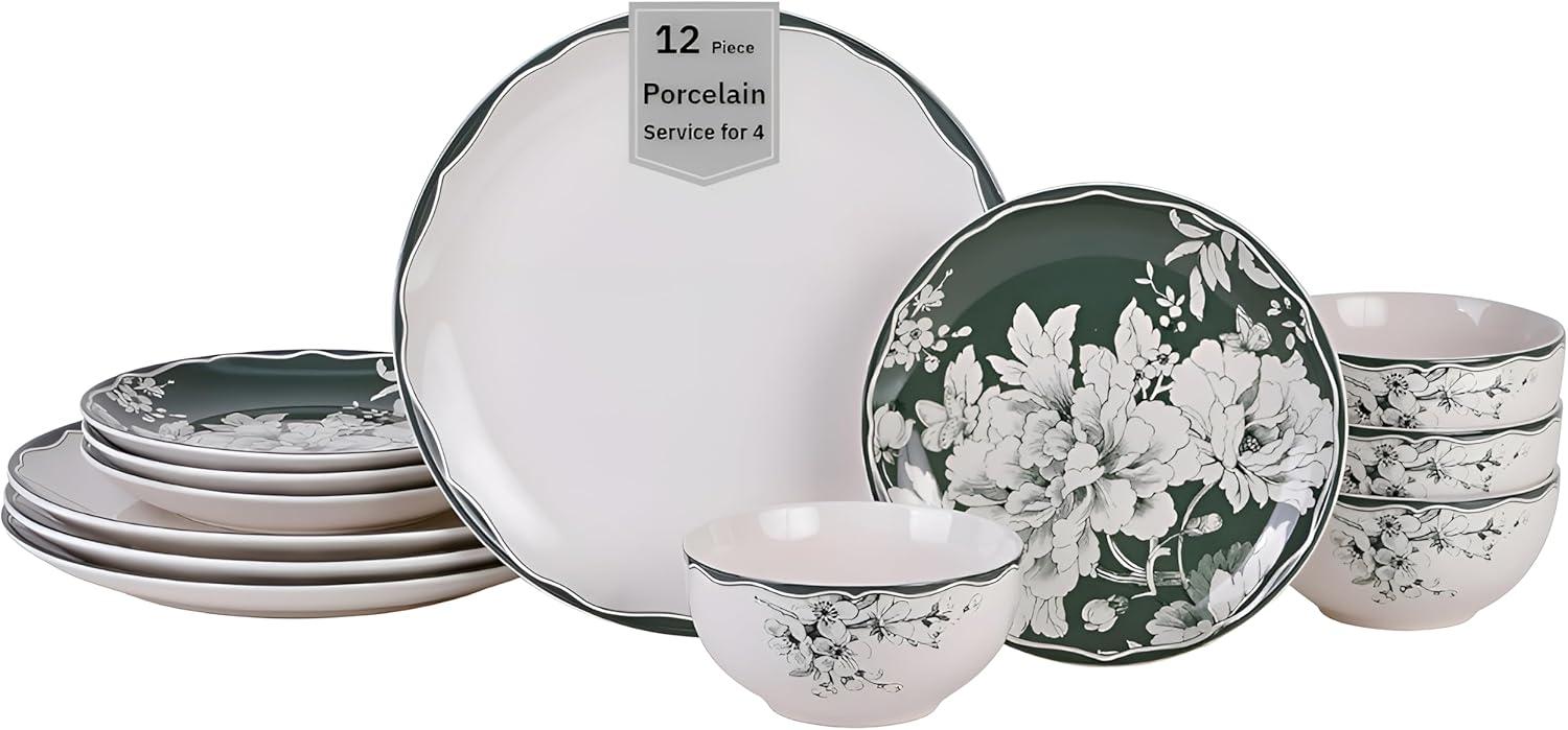 222 Fifth 222 Fifth Brittany 12-Piece Porcelain Dinnerware Set - Service For 4, Plate & Bowl Set