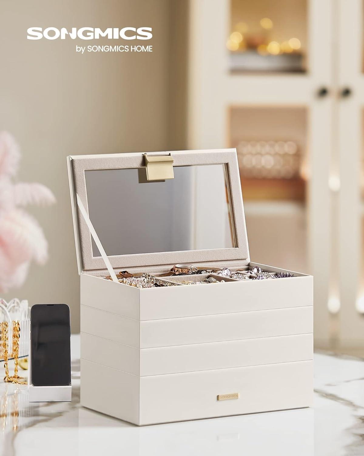 Latitude Run® Stackable Jewelry Trays, 4-Tier Jewelry Box, Drawer Jewelry Organizer, With Glass Lid, Removable Dividers, For Vanity Table, 6.7 X 11 X 7.2 Inches, Cloud White