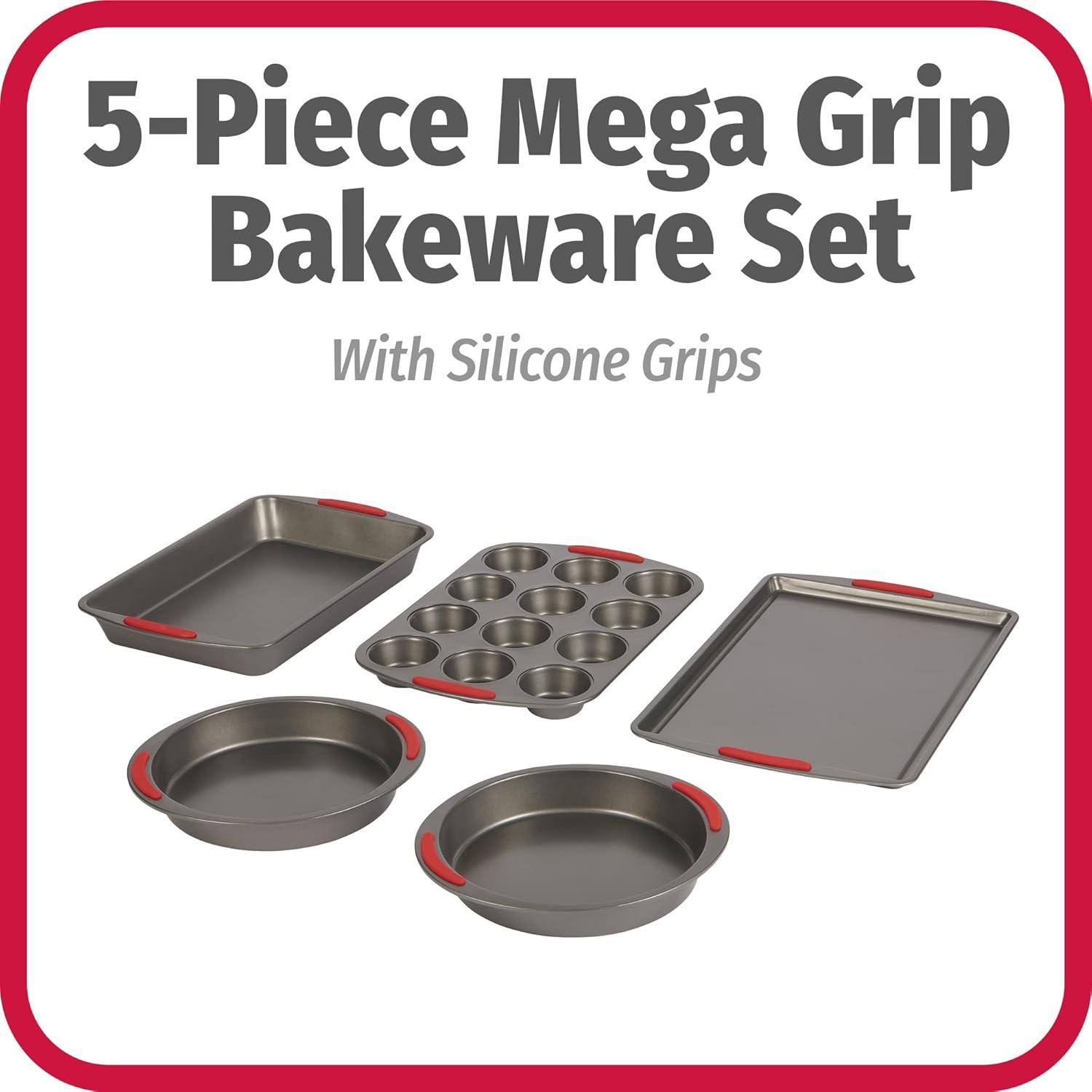 GoodCook Mega Grip 5-Piece Nonstick Steel Bakeware Set with Cookie Sheet, Roast Pan, 2 Cake Pans, and Muffin Pan, Gray,Gray