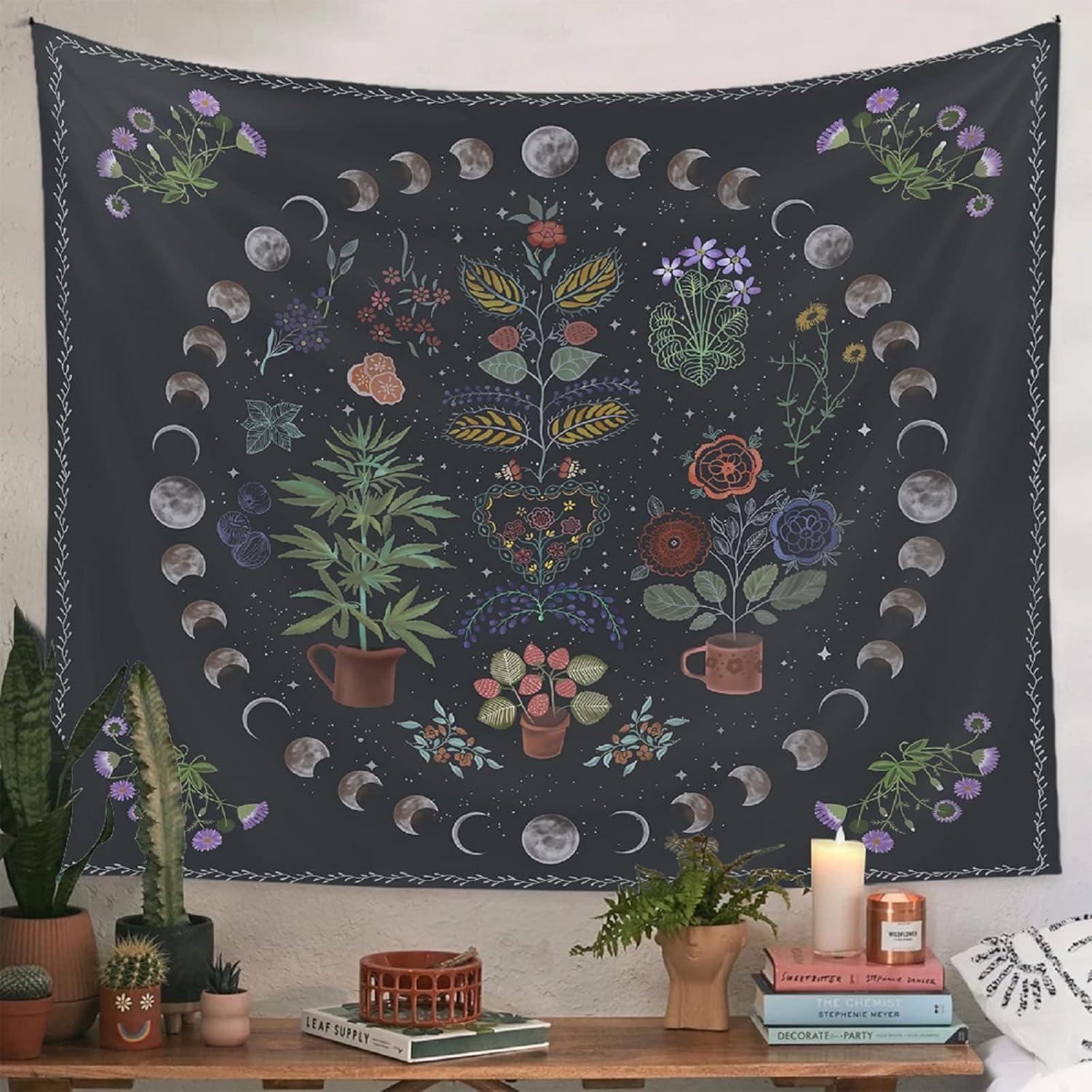 Plant Tapestry, Nature Moon Phase Tapestry Wall Hanging, Bohemian Mandala Tapestry Aesthetic Bedroom Decor, Botanical Tapestries Suitable For Bedroom Home Dorm