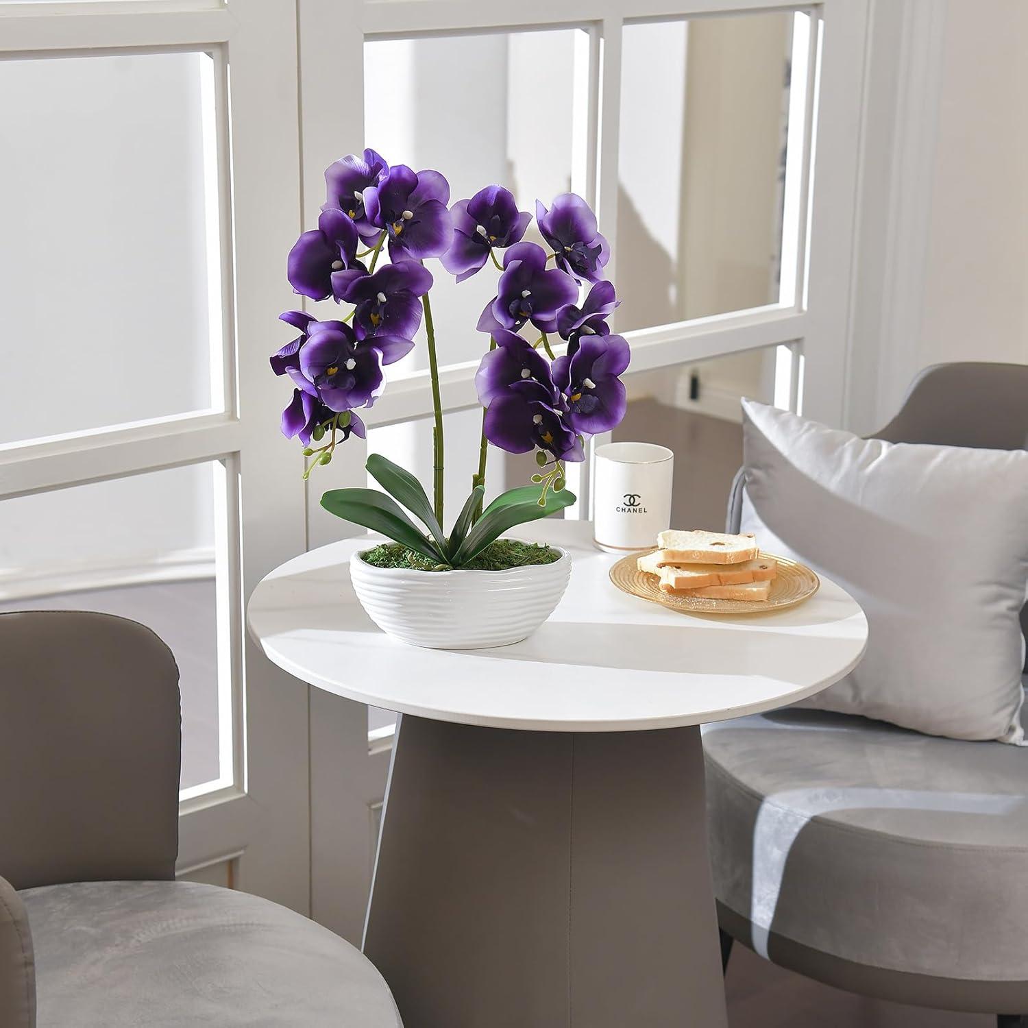 Large Artificial Potted Orchid Plant, Silk Flower Arrangement with Ceramics Vase, Deep Purple