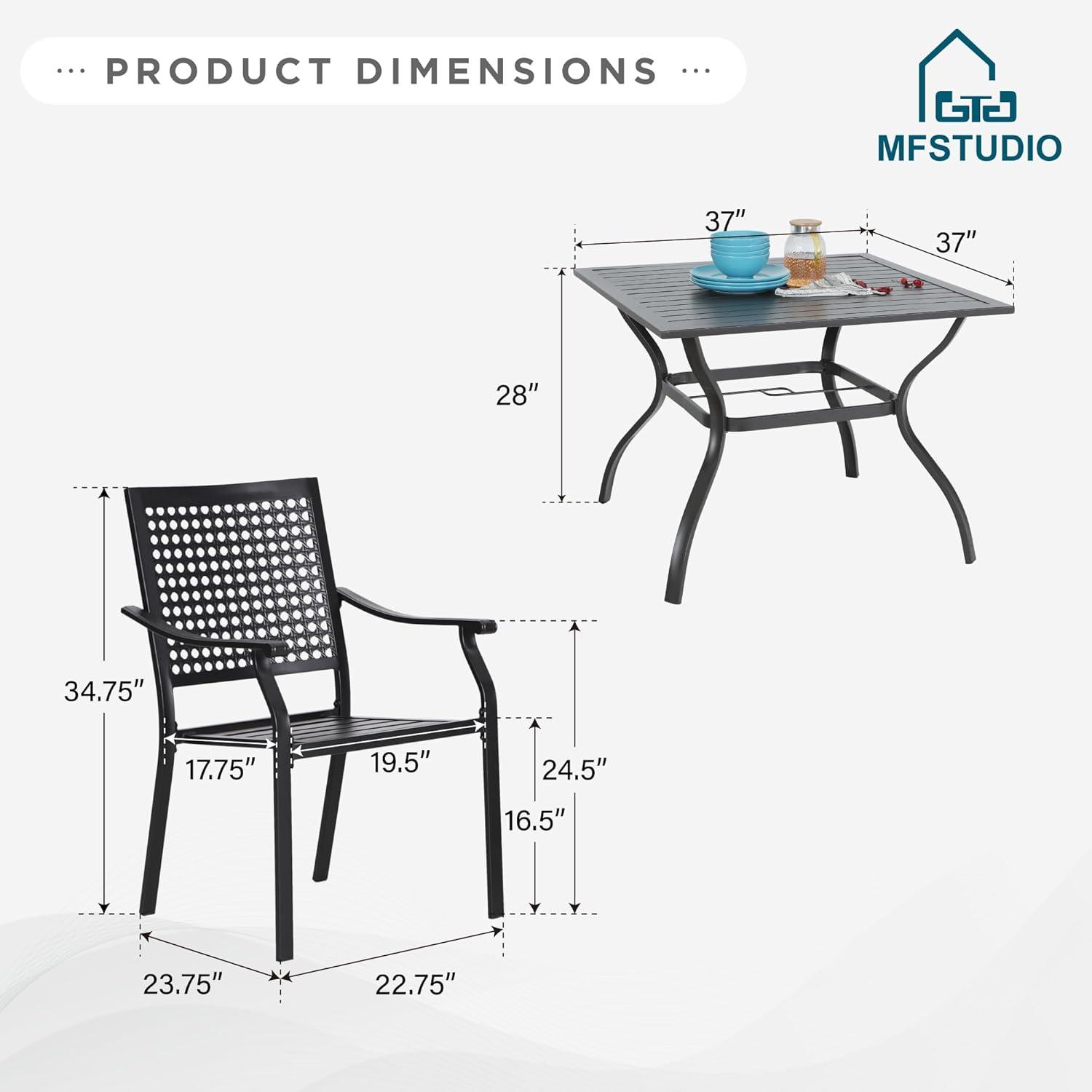 Nuu Garden 5 Piece Outdoor Dining Set, Metal Patio Dining Chairs Stackable and Square Dining Table with Umbrella Hole, Black