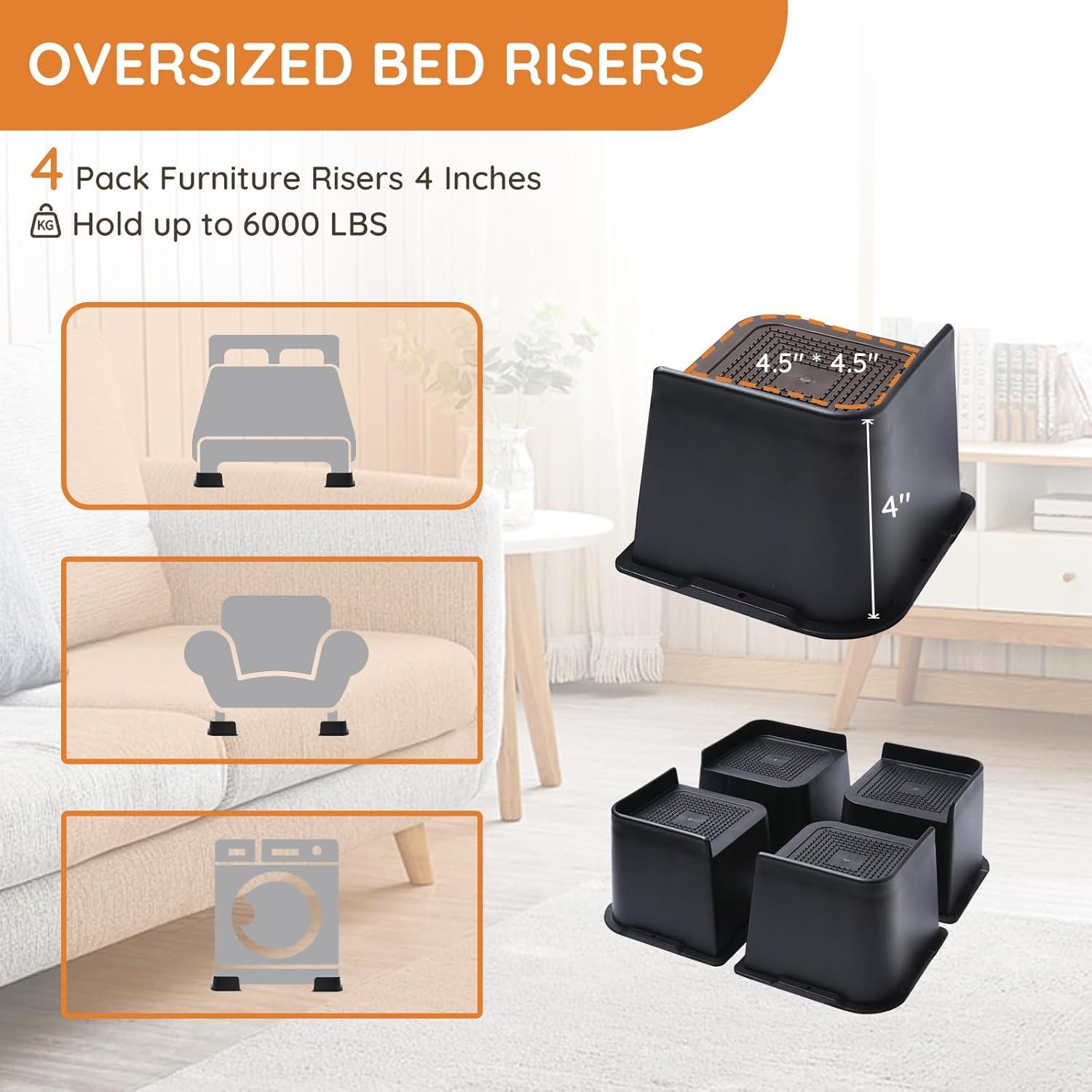 MQ Bed Risers 4 Inch 4 Pack Black Support 7000LBs, Oversized Furniture Risers for Dorm Beds Frame, Sofa, Desk, Couch, Chairs Legs