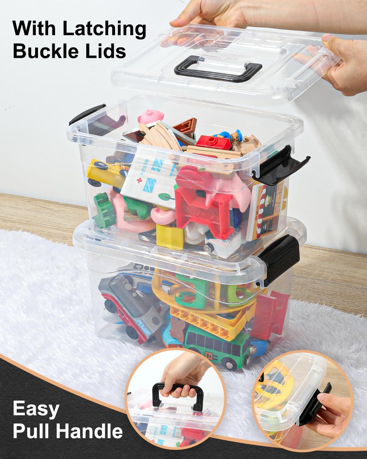 Plastic Storage Bins 7 Quart-Storage Organizer Bins with Black Buckle Lids, Stackable Storage Bins with Lids for Home Office Kids Room Closet School Art Supplies Organization,6 Packs, Clear
