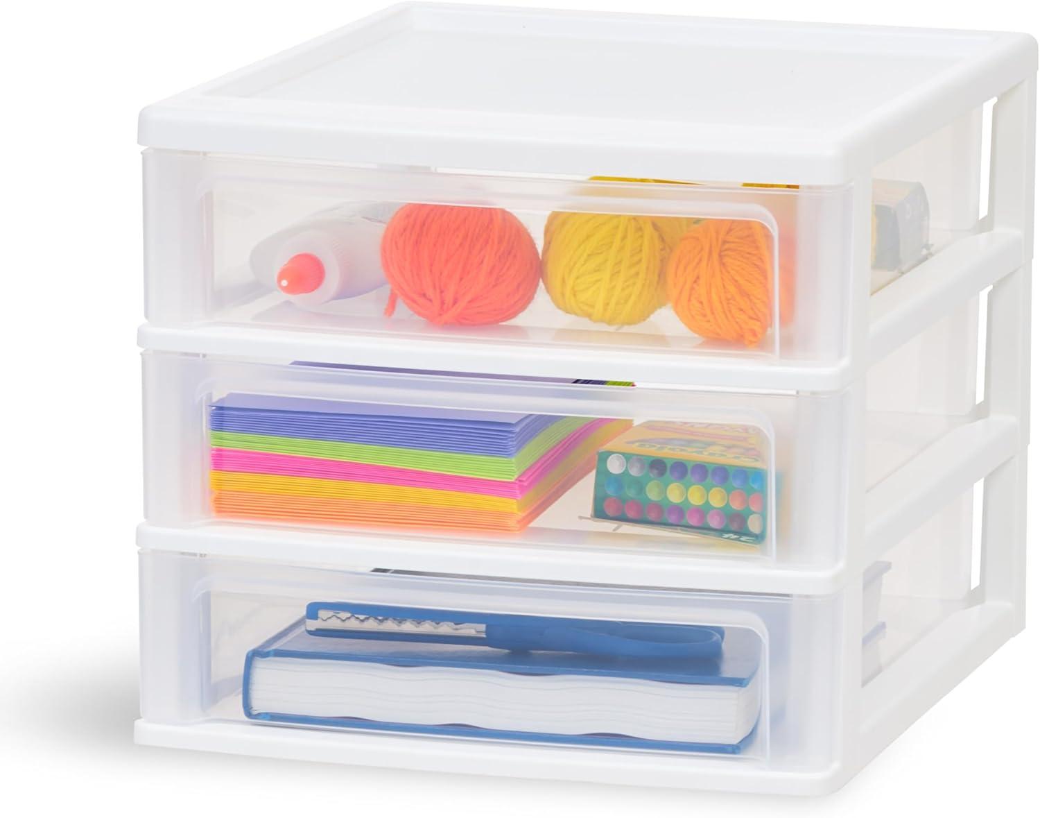 IRIS USA Medium 3-Drawer Stacking Desktop Organizer, 1 Pack, Plastic Drawer Storage Container for Stationery Art Craft Supplies, White