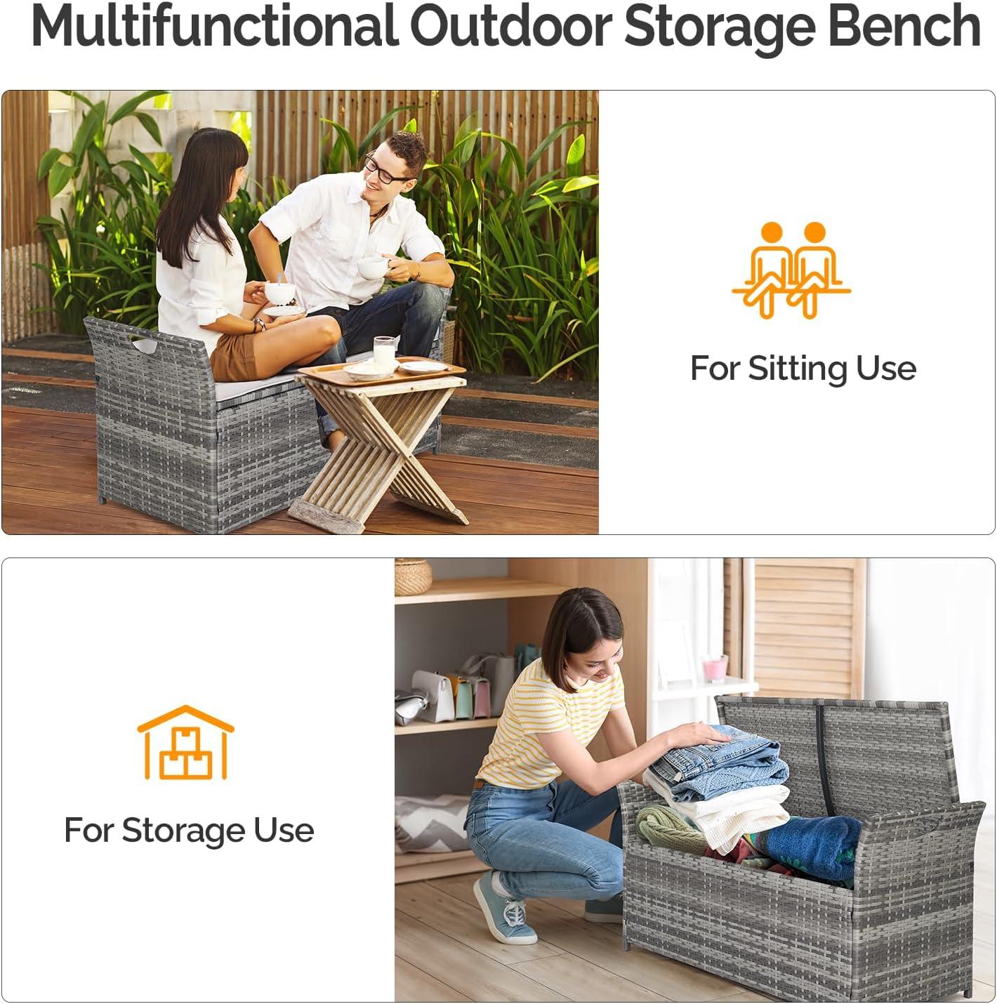 Gray Wicker Outdoor Storage Bench with Cushion