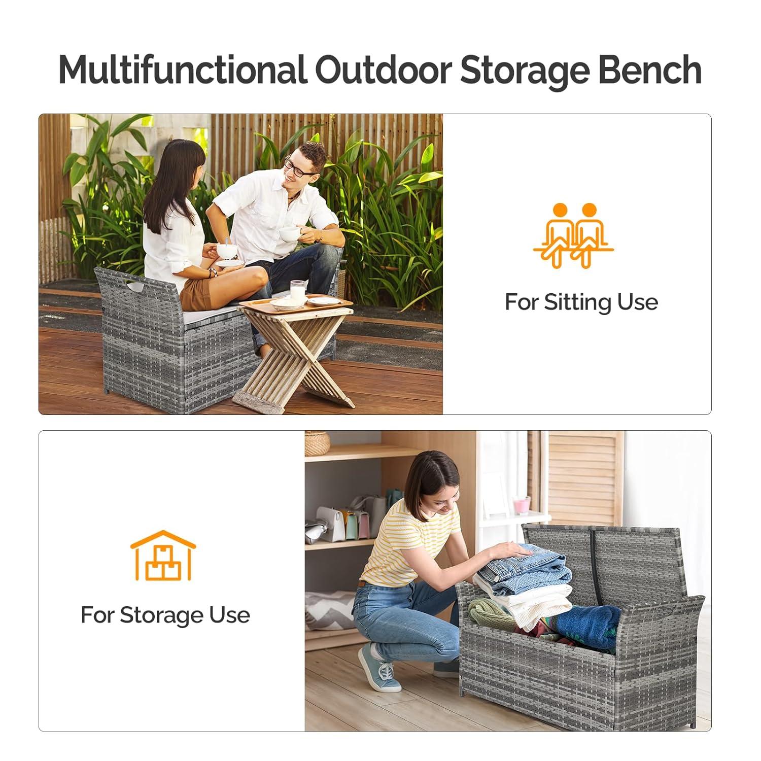 Gray Wicker Outdoor Storage Bench with Cushion