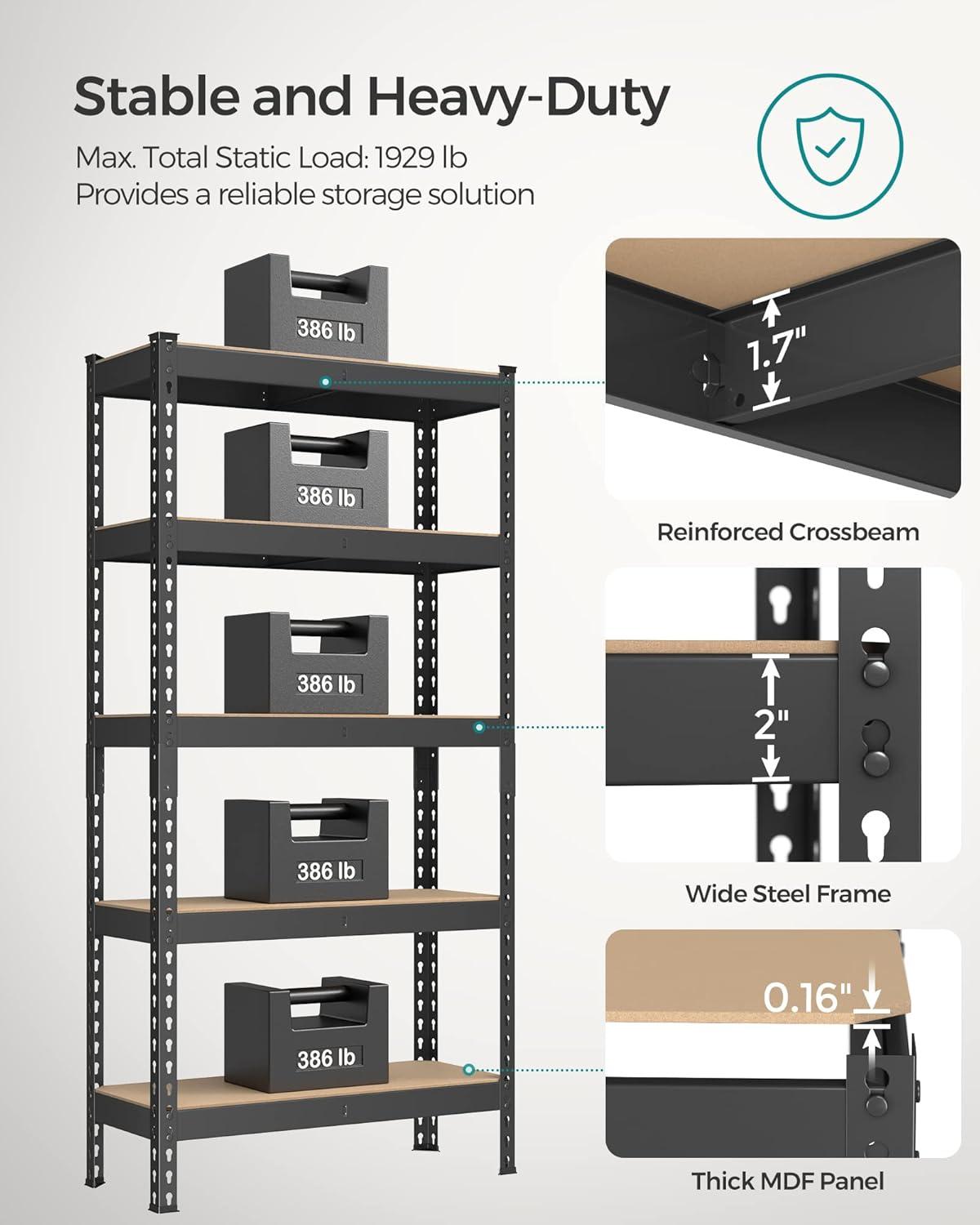 SONGMICS 5-Tier Storage Shelves Garage Storage Boltless Assembly Adjustable Shelving Units 11.8 x 29.5 x 59.1 Inches Load 1929 lb Each Shed Warehouse Basement, Black