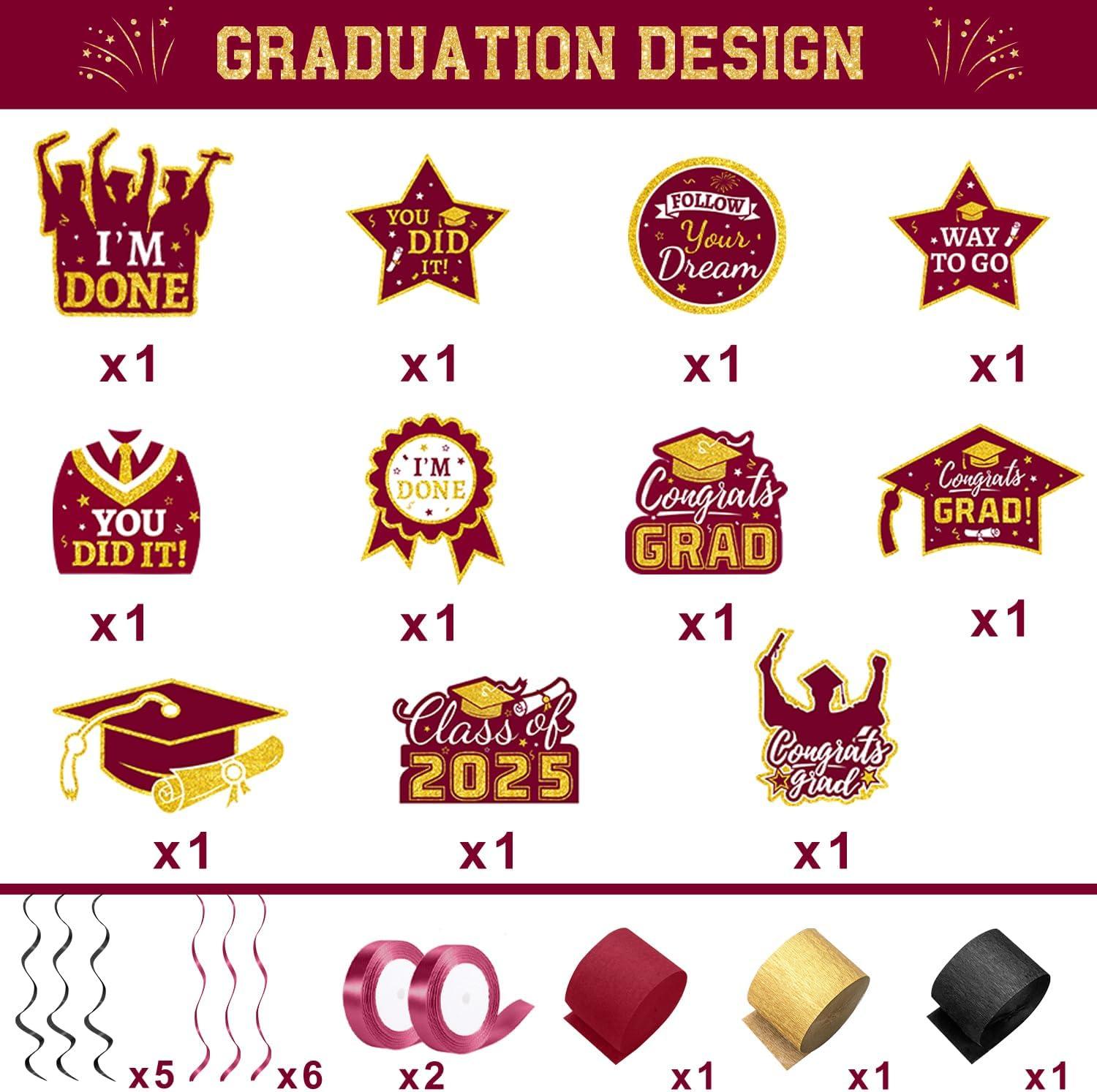 2025 Graduation Party Decoration, Red Gold Themed Set with Congrats Grad Banner, Balloons, Foil Number 2025 for Class of 2025 Graduation Party Supplies