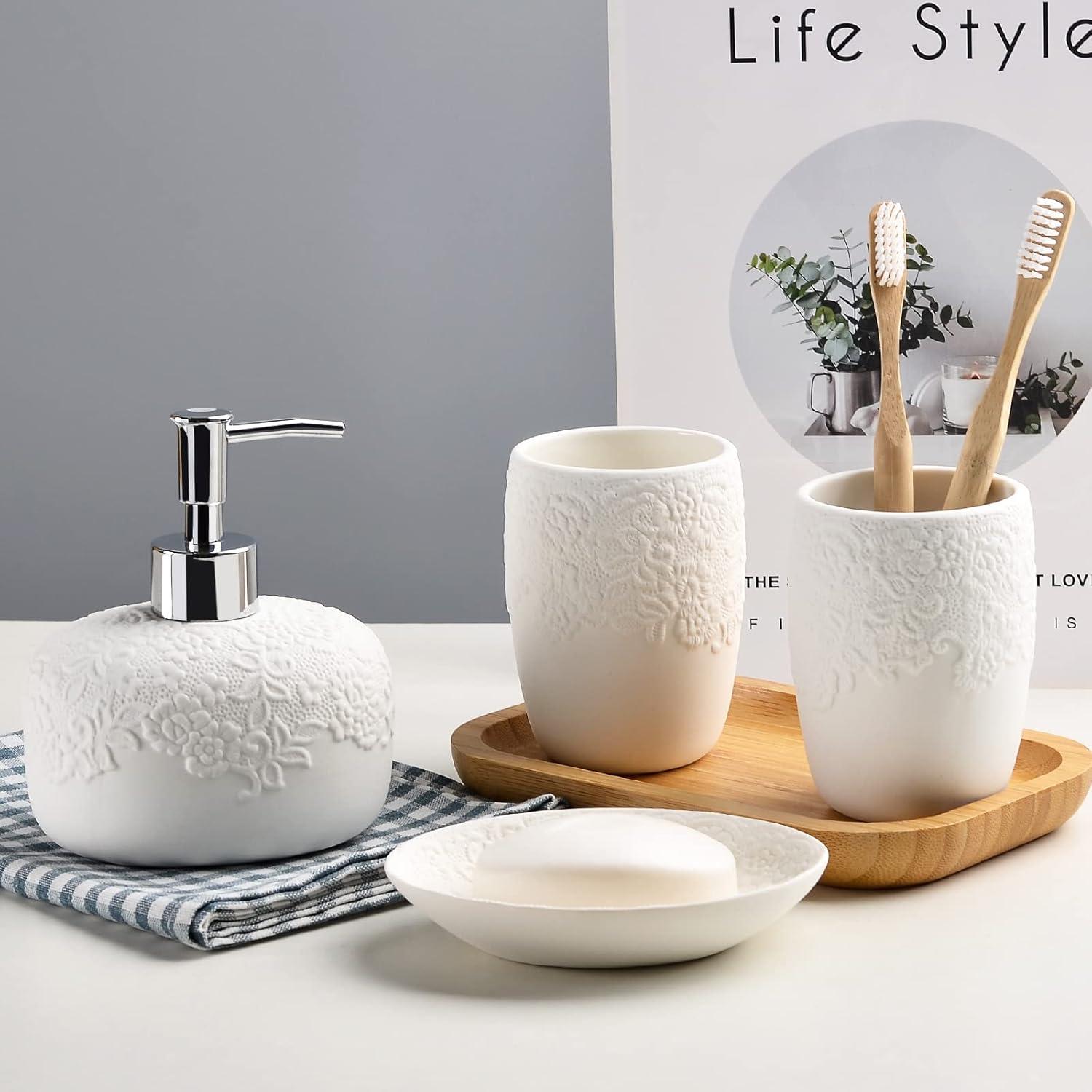 White Embossed Ceramic Bathroom Accessory Set, 4-Piece