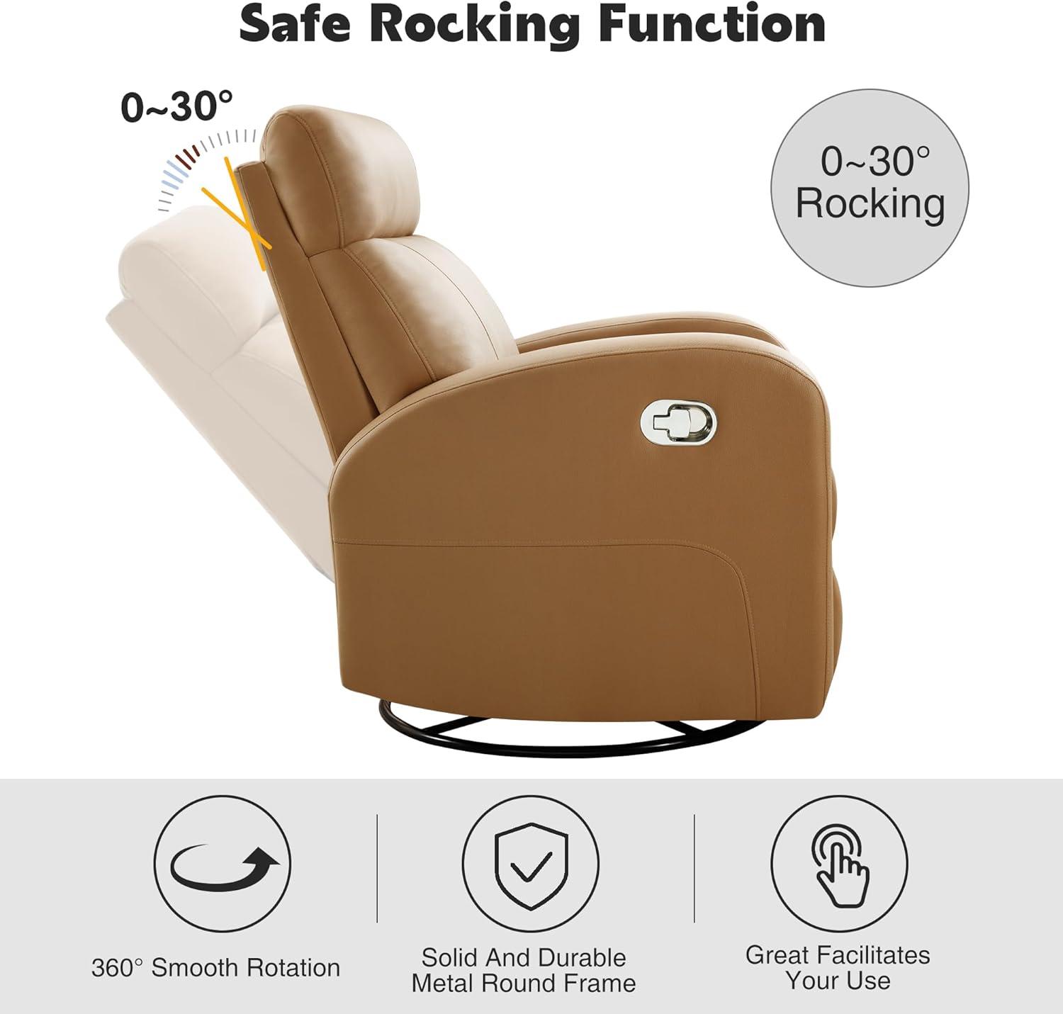 Swivel Rocker Recliner Chair, Manual Leather Recliner, Glider Rocking Recliner Chair 360°Swivel Nursery Reclining Chair with Adjustable Headrest/Highback for Living Room, Brown