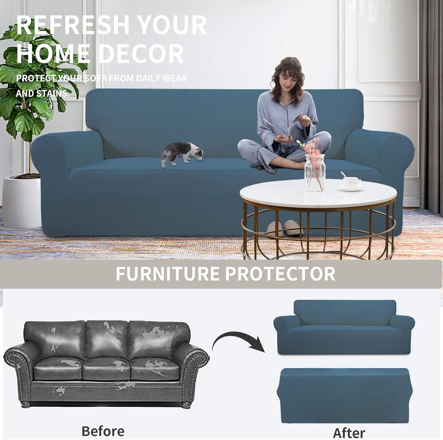 Easy-Going Stretch Chair Sofa Slipcover 1-Piece Couch Sofa Cover Furniture Protector Soft with Elastic Bottom for Kids, Pet. Spandex Jacquard Fabric Small Checks (Chair, Bluestone)