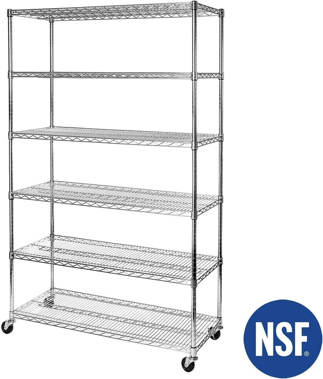 Seville Classics UltraDurable Commercial-Grade 6-Tier NSF-Certified Steel Wire Shelving with Wheels, 48" x 18", Silver