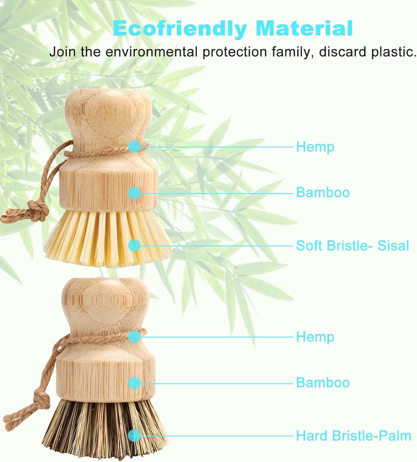 Bamboo Dish Brush Set, 4 Pcs Palm Wooden Dish Scrubber Brush, Dish Brushes, Durable Wood Dishes Scrub Brush, Natural Round Vegetable Cleaning Pots Pans Sink Washing Kitchen Brush by Aisuly