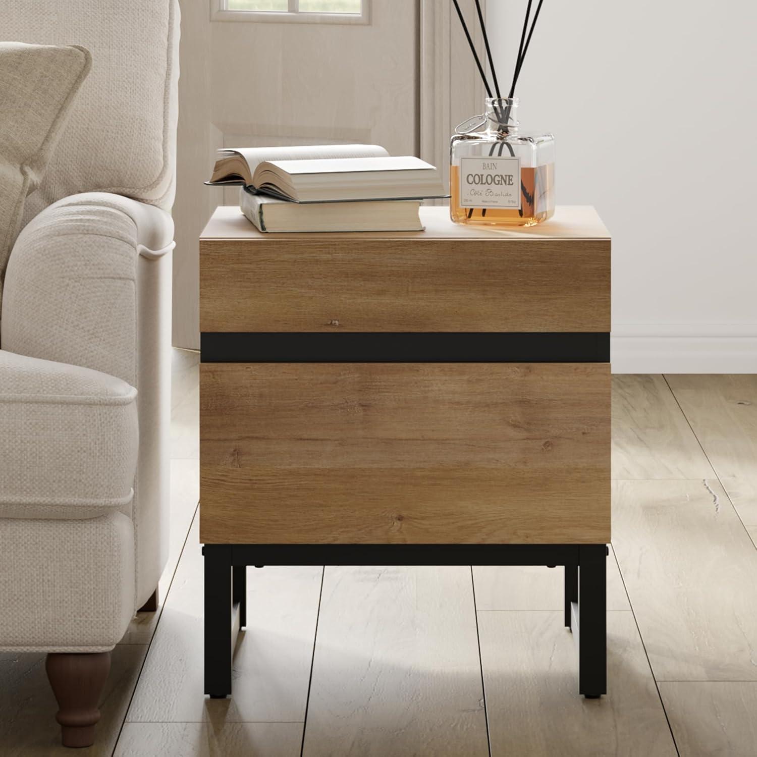 Oak and Black Iron Modern End Table with Storage Drawers