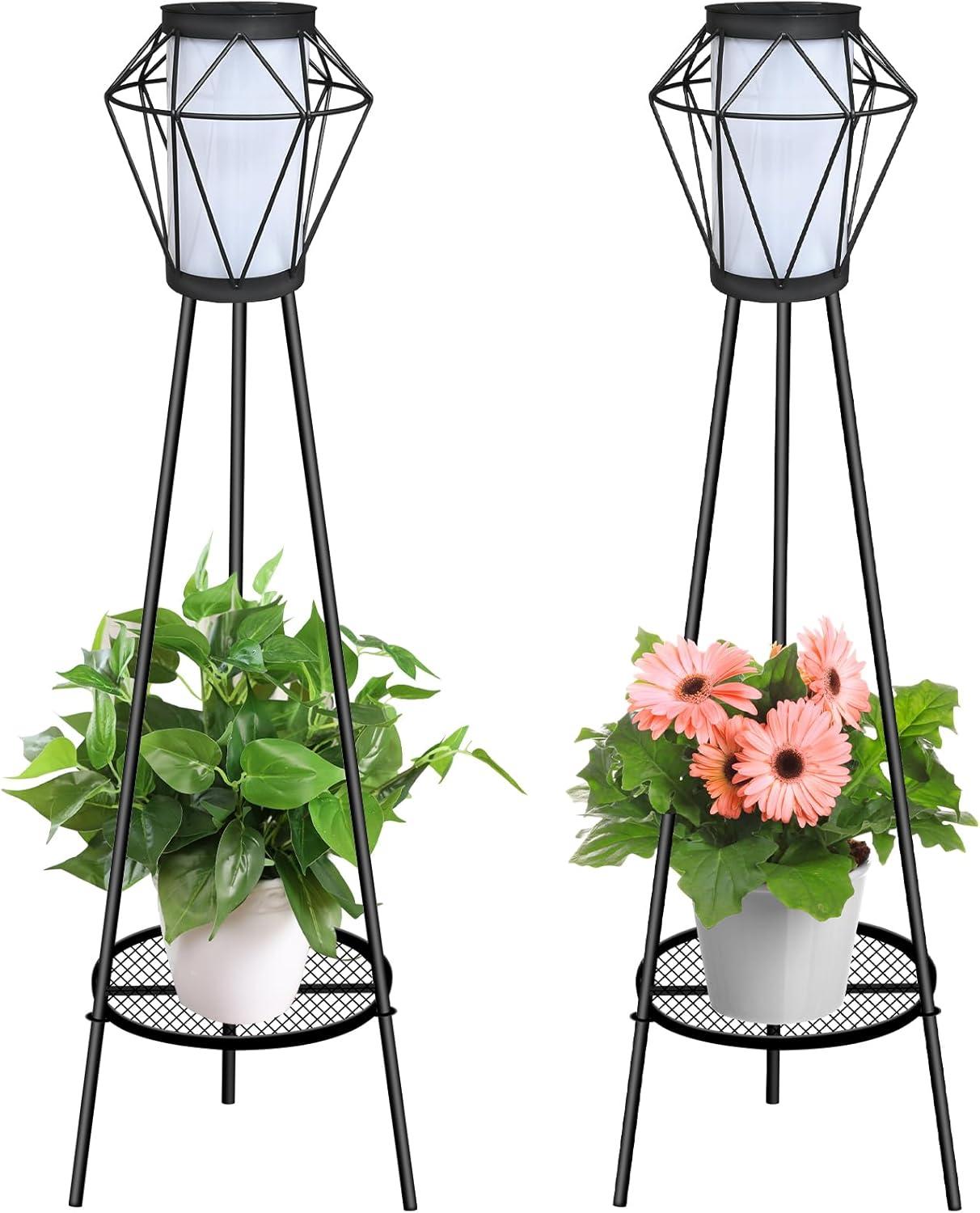 TOOTOO STAR Solar Floor Lamp 2 Piece Set, 35.5" High Solar Outdoor Lights with Plant Holder for Garden Patio Deck Porch Patio Decorative Lighting