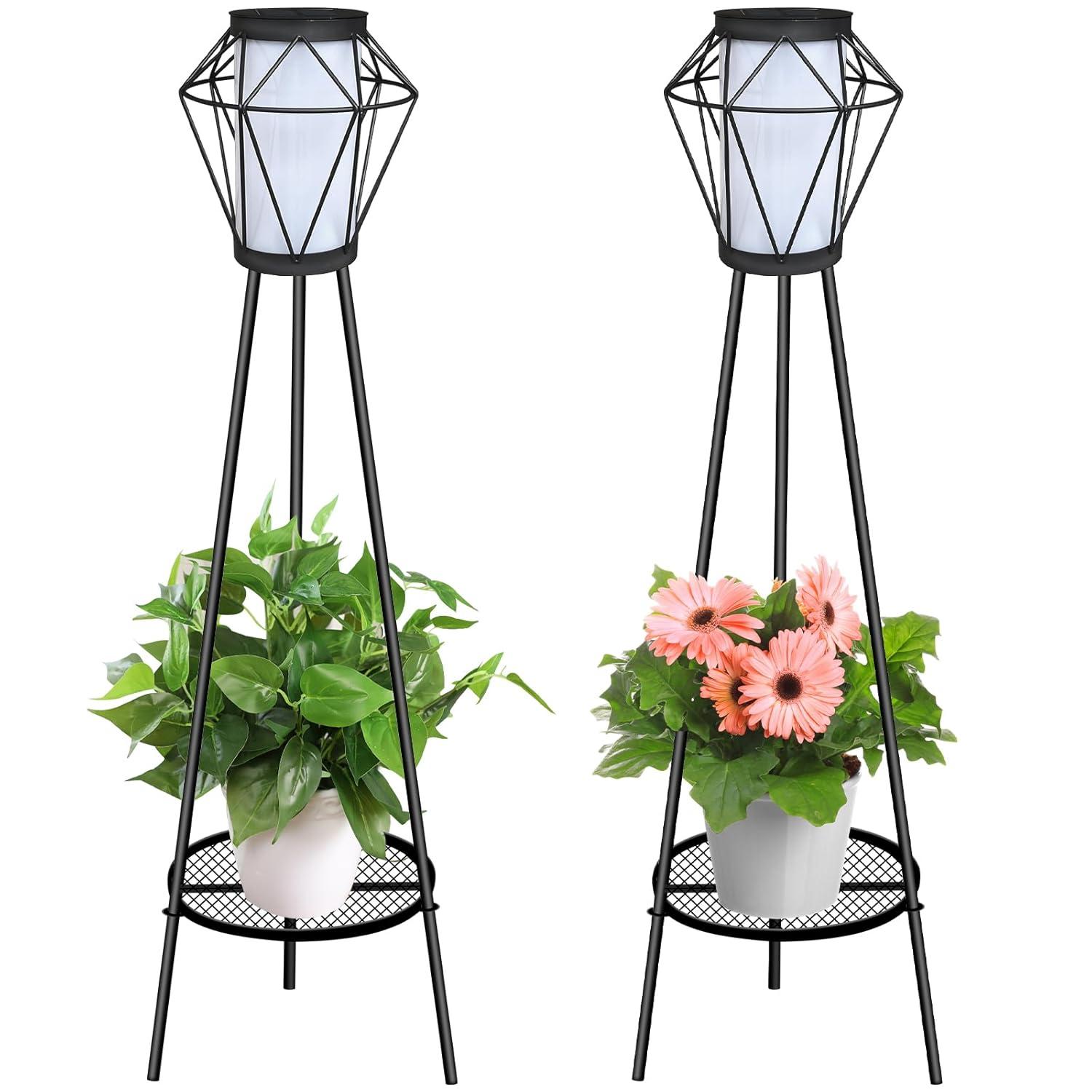 TOOTOO STAR Solar Floor Lamp 2 Piece Set, 35.5" High Solar Outdoor Lights with Plant Holder for Garden Patio Deck Porch Patio Decorative Lighting